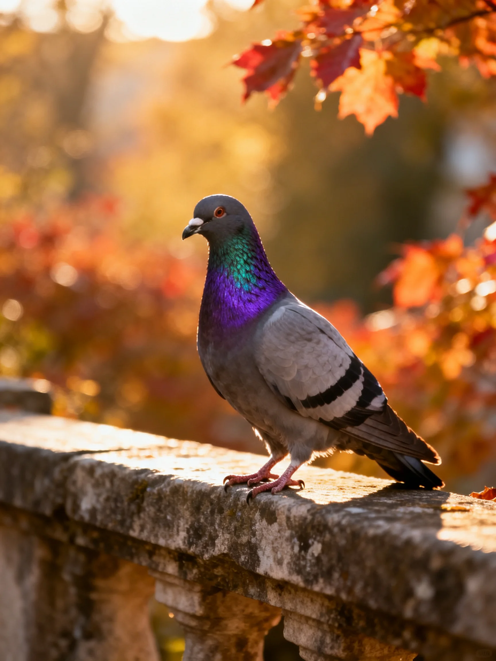A pigeon with iridescent plumage perched on a weathered stone ledge amid autumn foliage