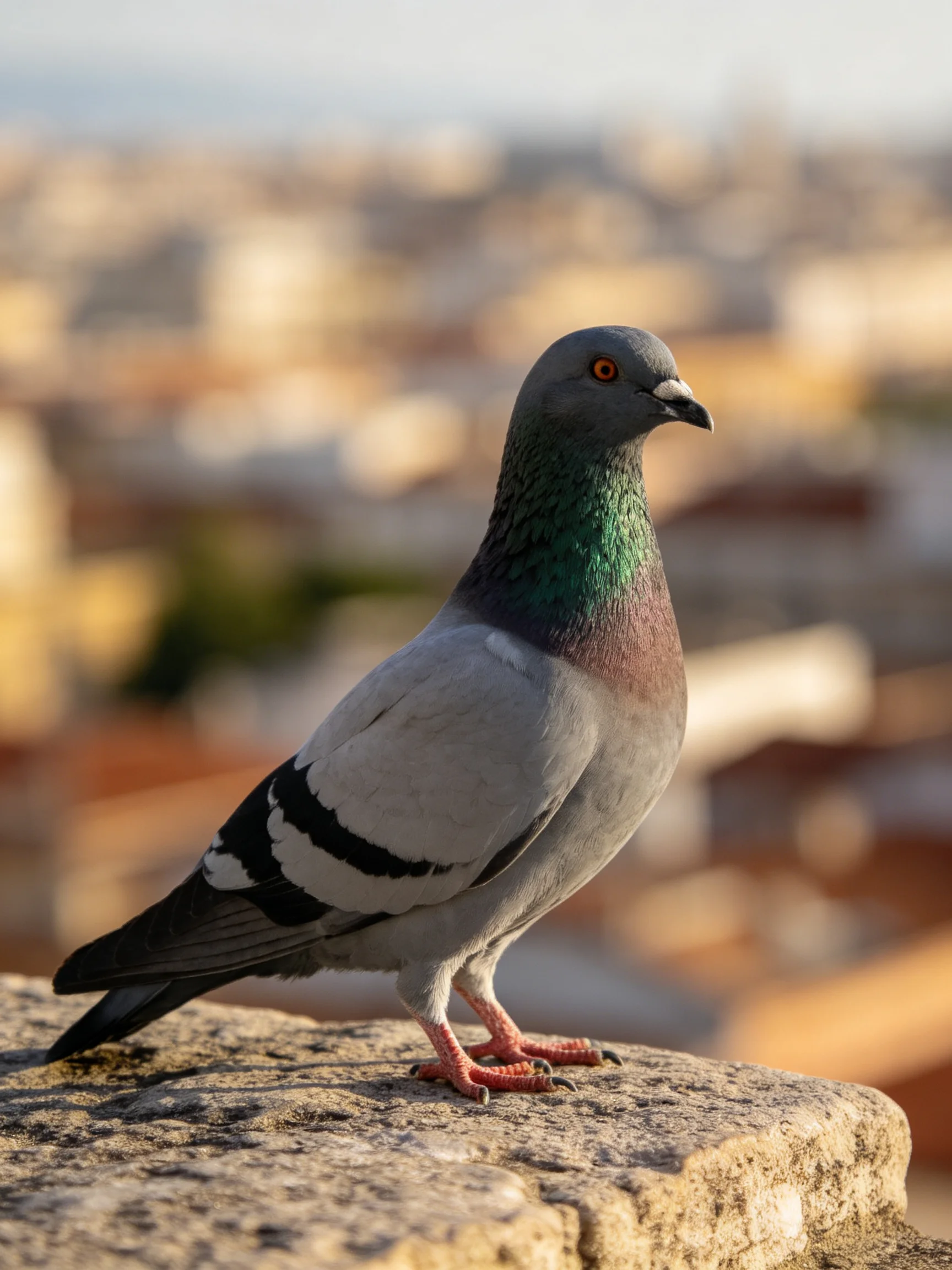 A pigeon with iridescent plumage perched on a weathered stone ledge