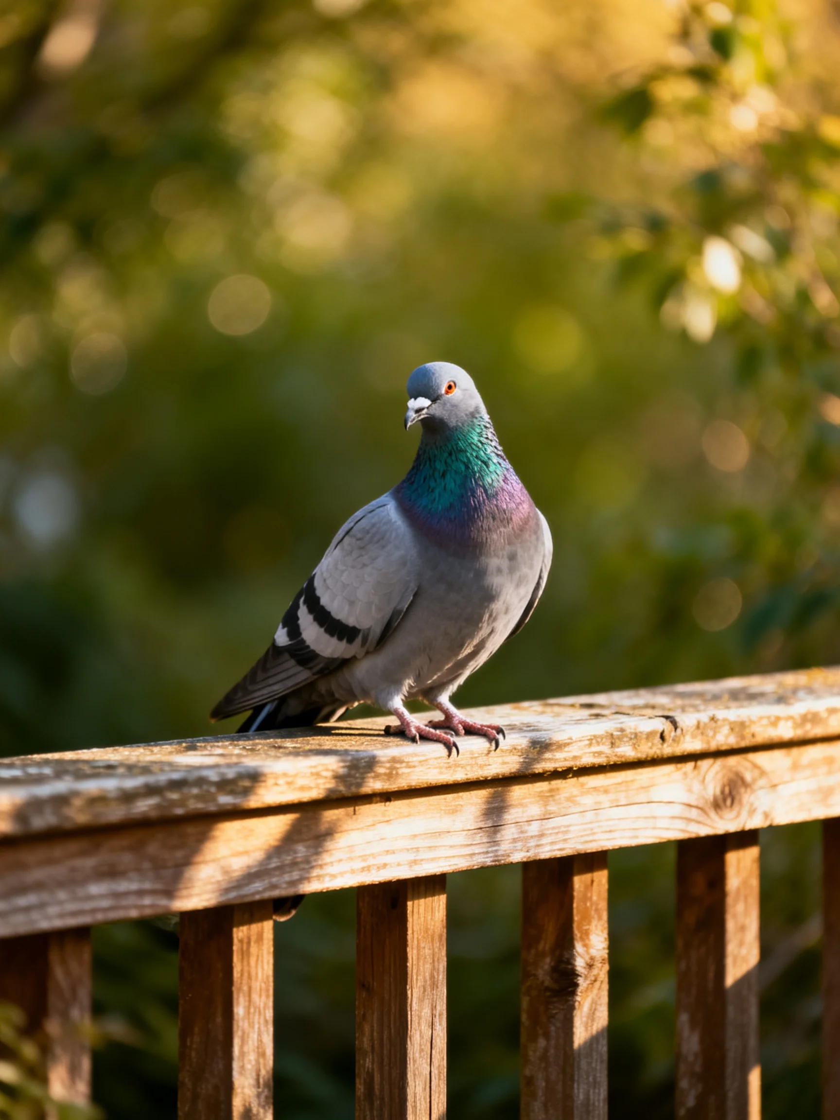 A pigeon with iridescent plumage perched on a weathered wooden railing