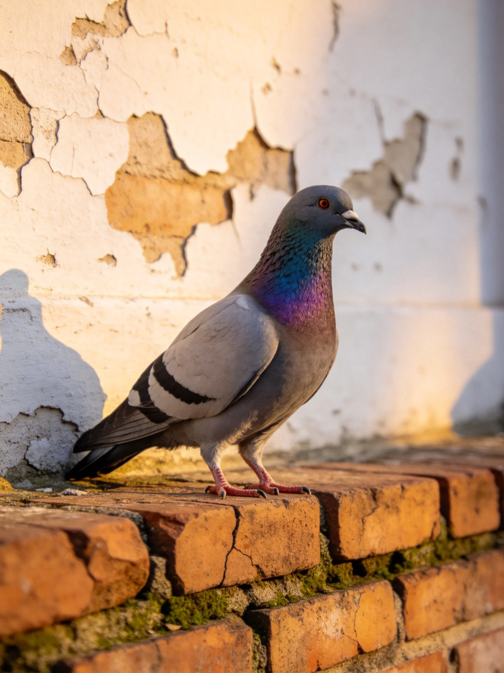 A pigeon with iridescent plumage perched on aged red bricks near a cracked white wall