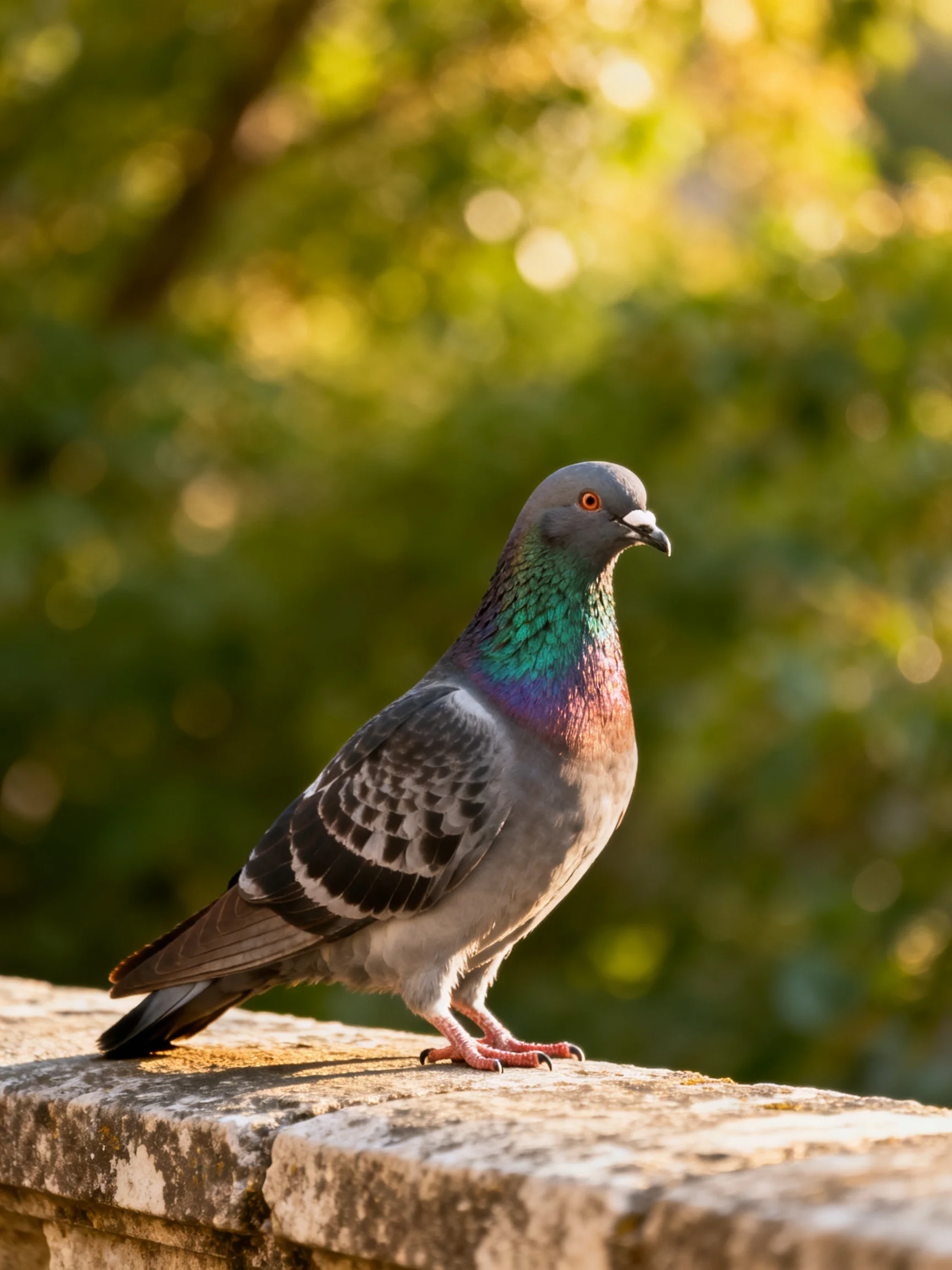 An iridescent pigeon stands on a weathered stone ledge near greenery.