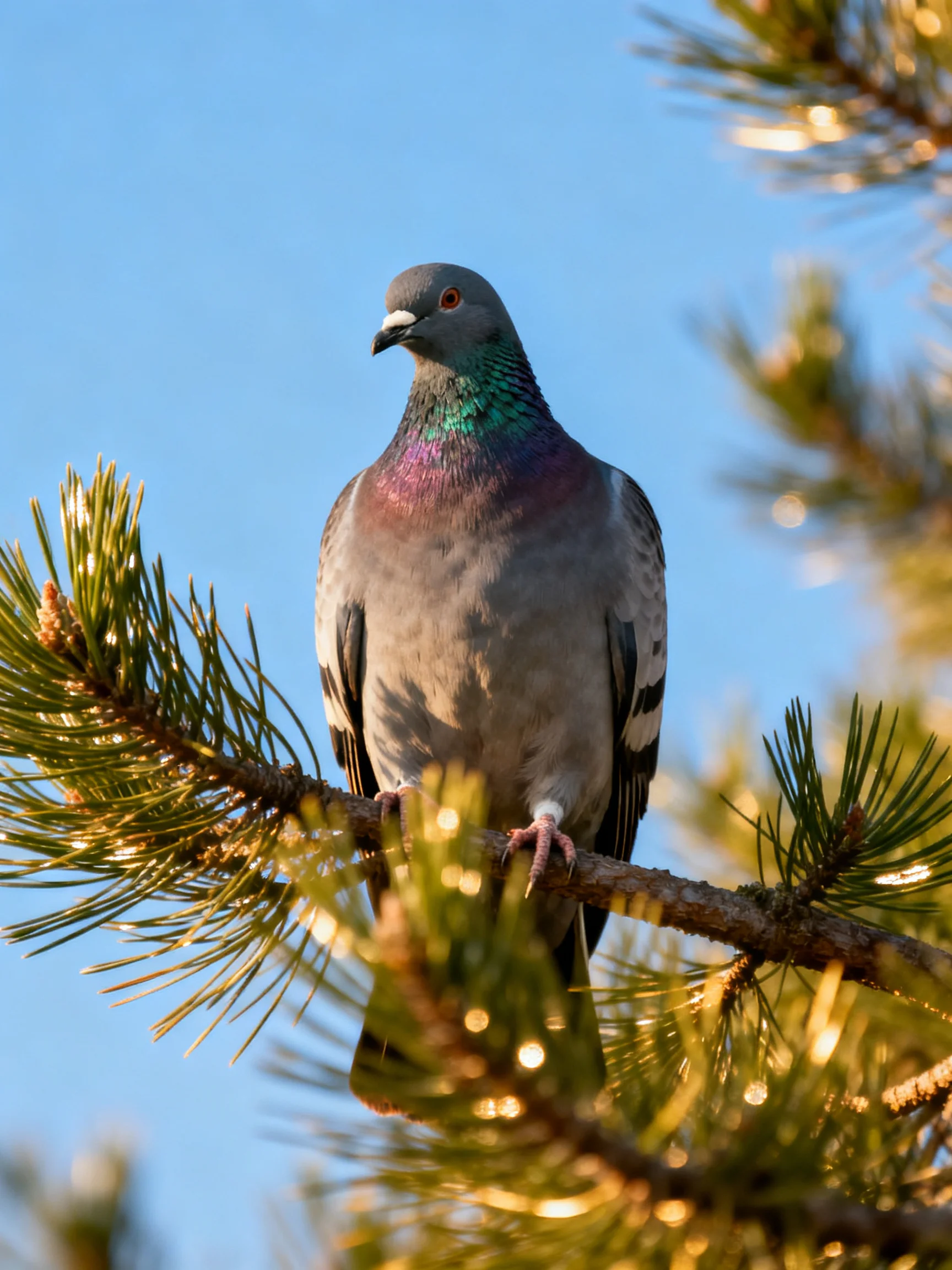 A pigeon with iridescent plumage perched on pine branches