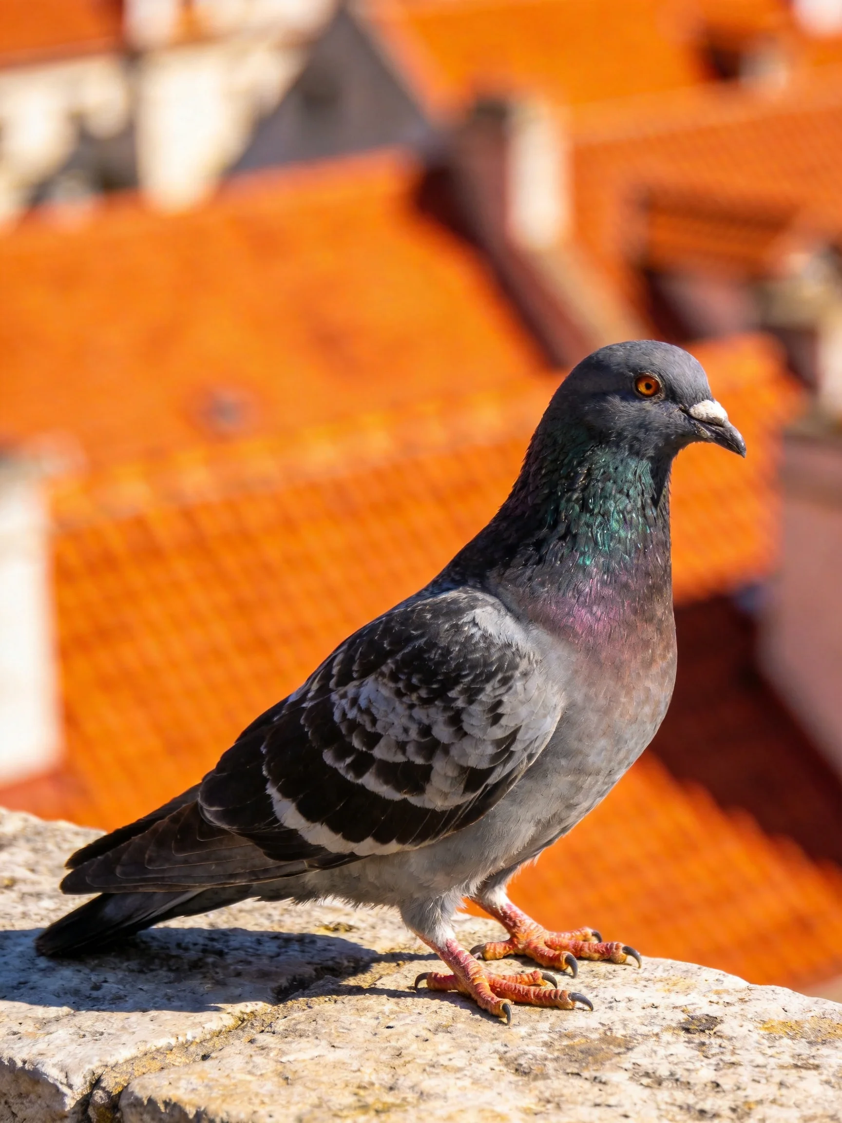 A pigeon with iridescent plumage perches near terracotta rooftops