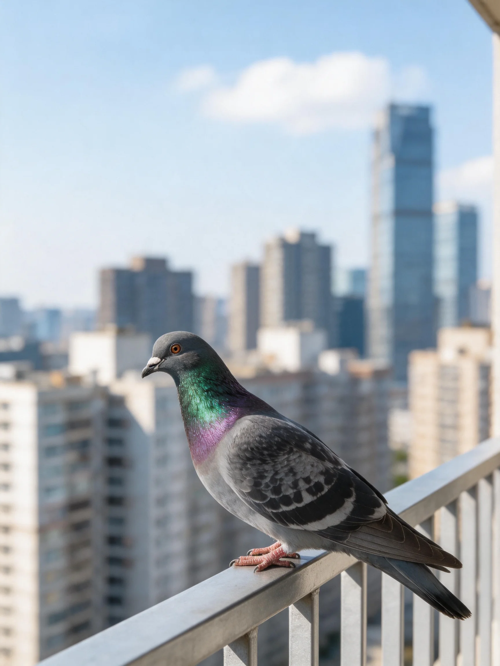 A pigeon with iridescent plumage perches on a balcony railing overlooking skyscrapers