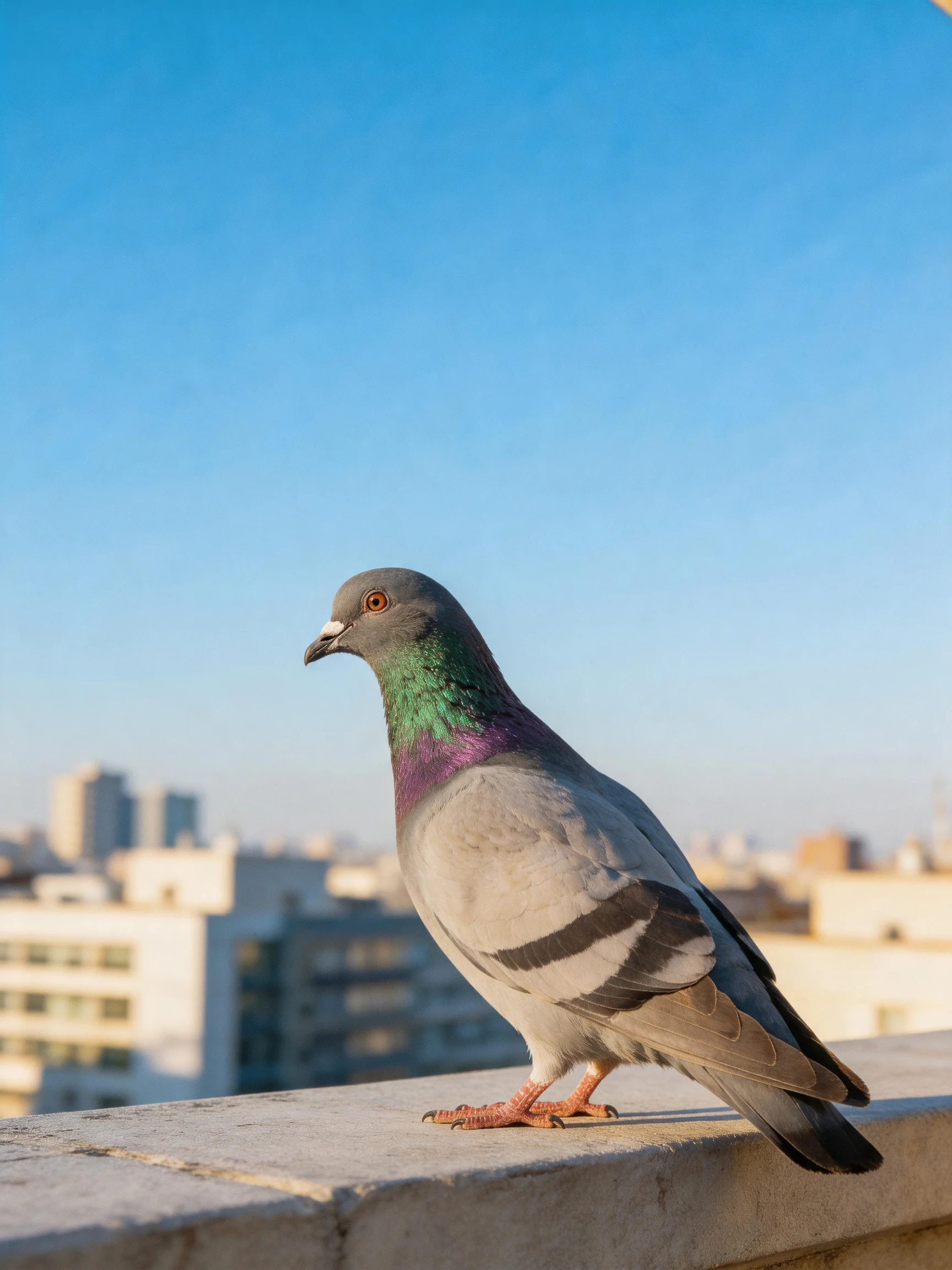 A pigeon with iridescent plumage perches on a ledge near a city skyline