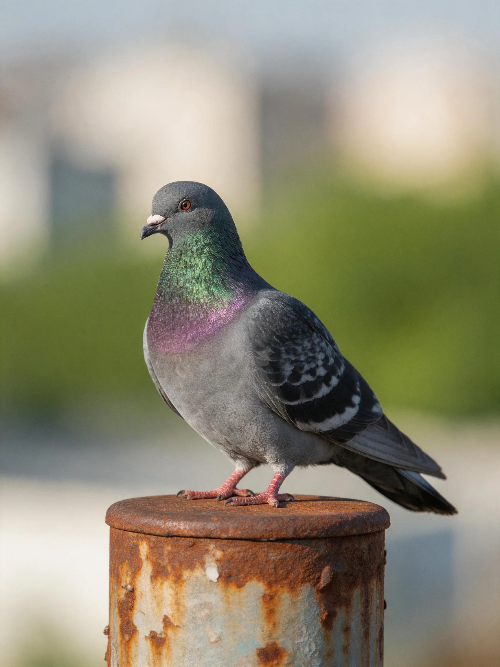 A pigeon with iridescent plumage perches on a rusted metal post