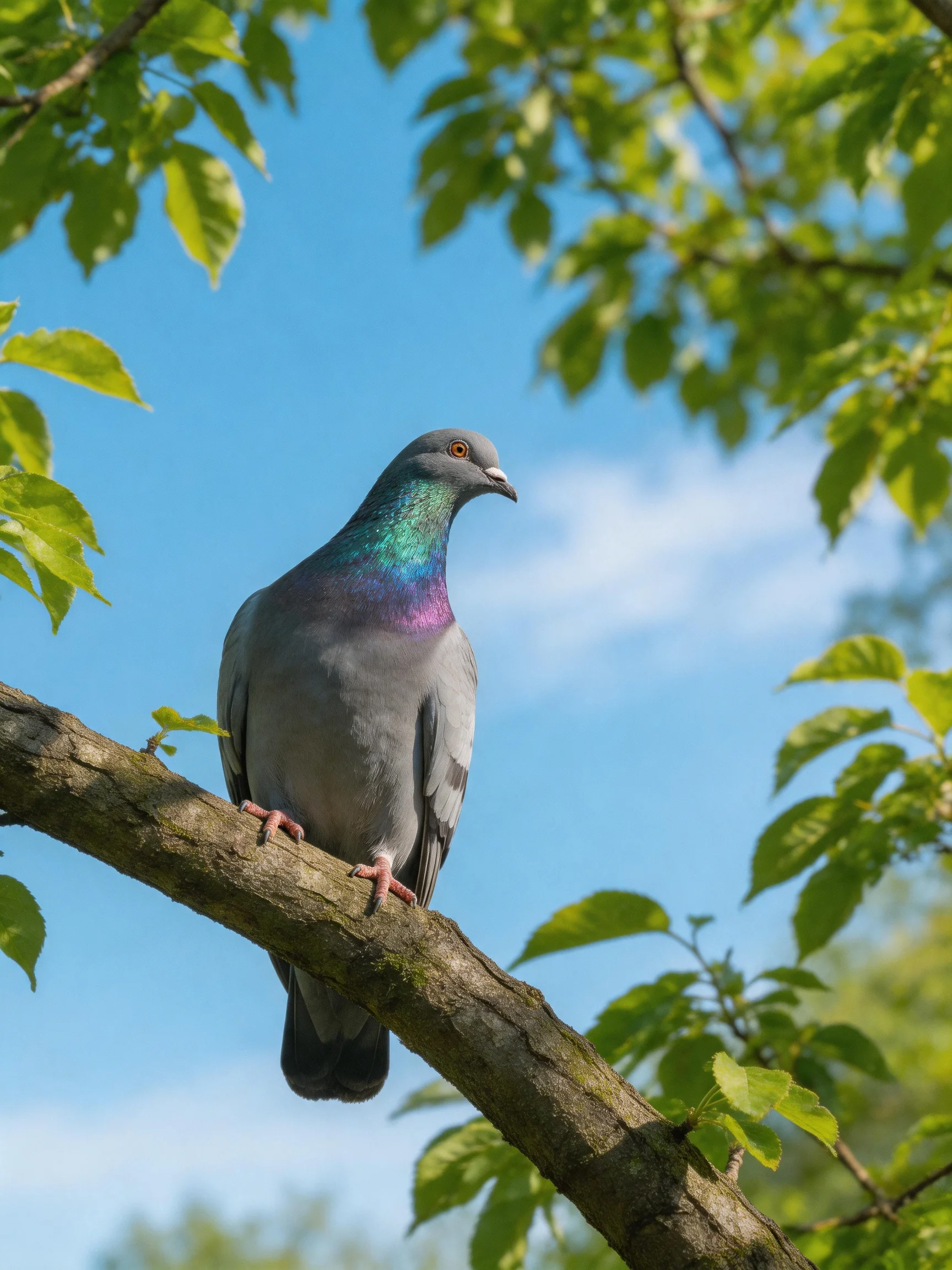 A pigeon with iridescent plumage perches on a tree branch