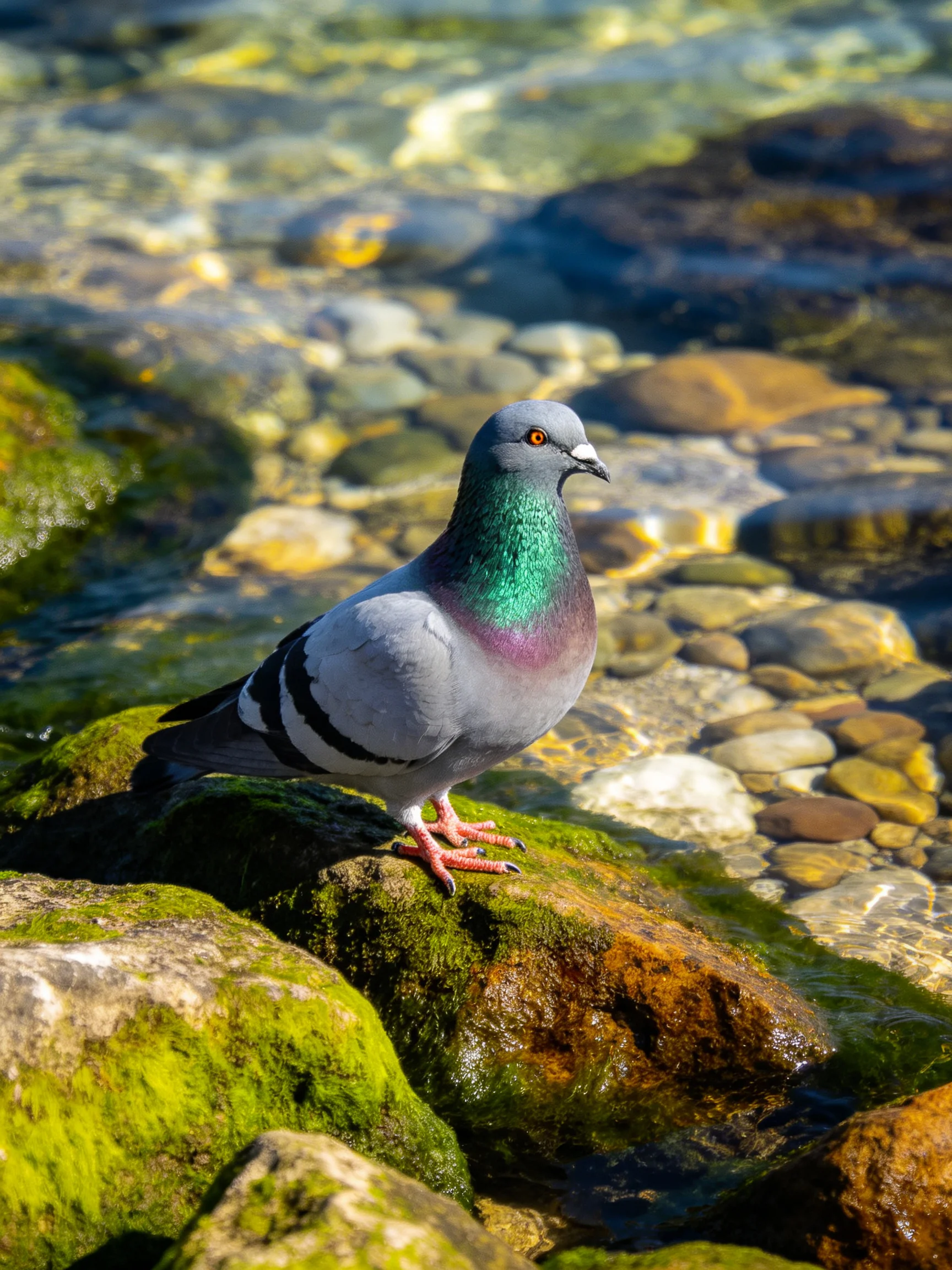 A pigeon with iridescent plumage perches on mossy rocks near clear water