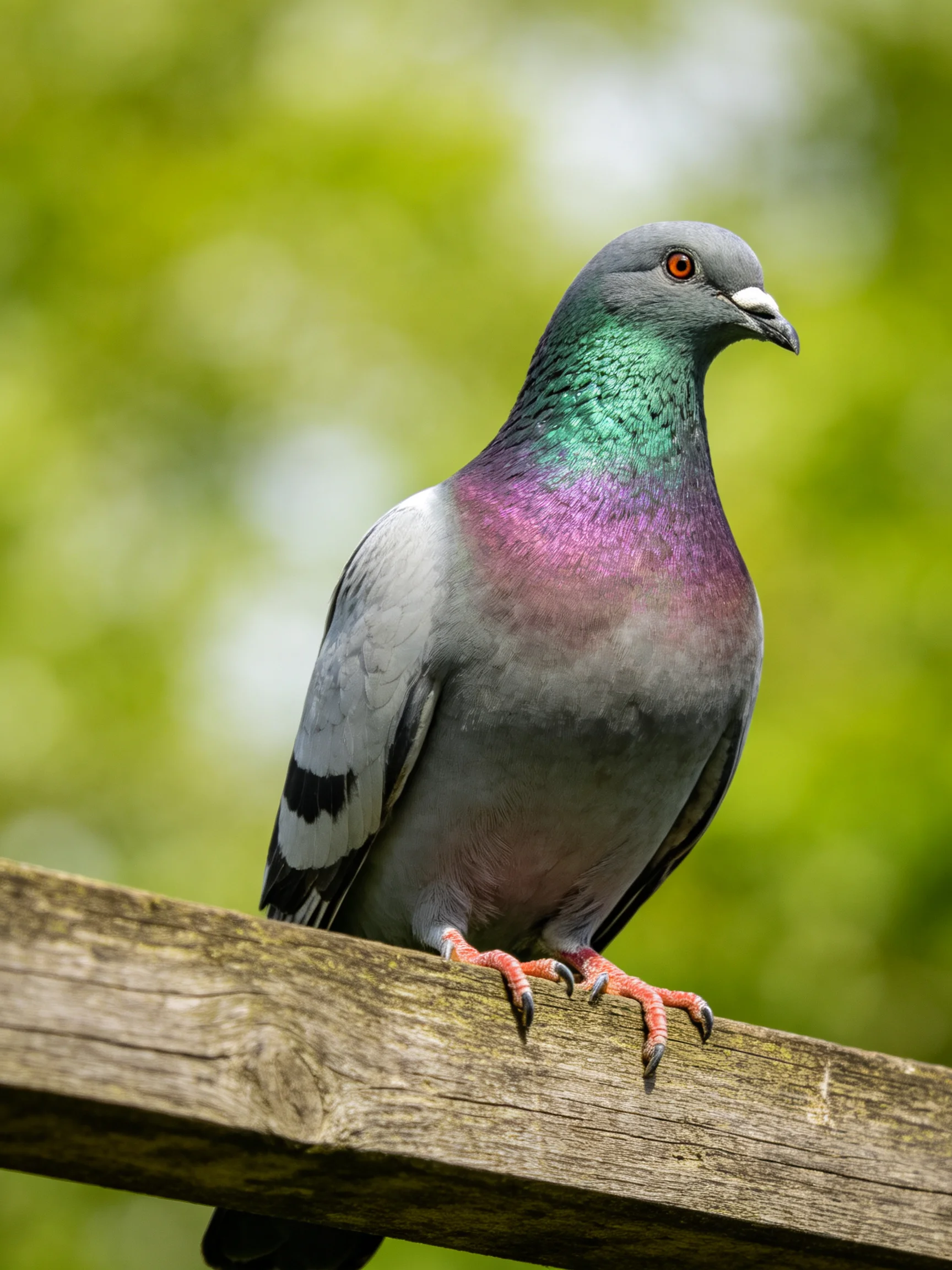 A pigeon with iridescent plumage perches on weathered wood