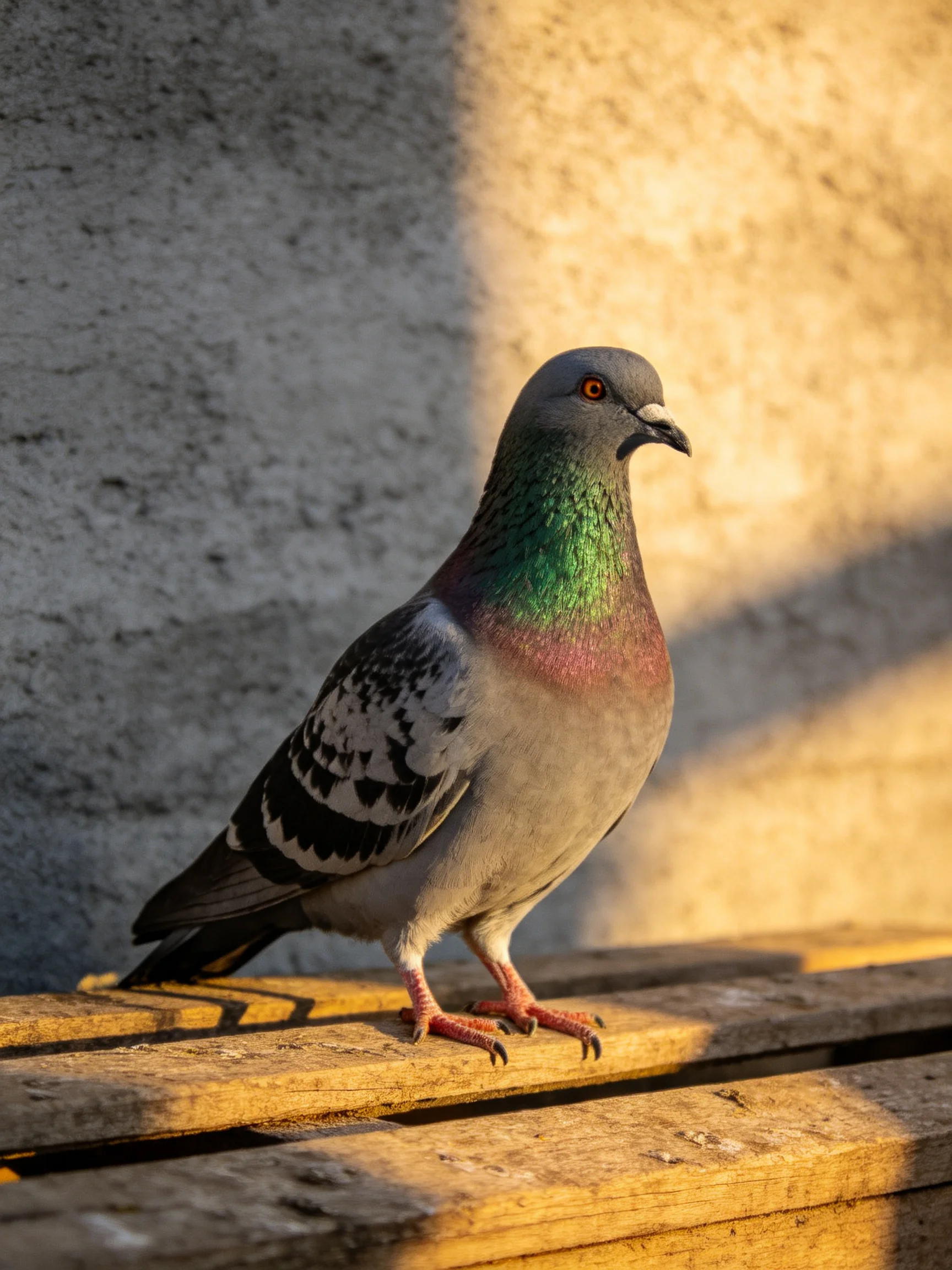 A pigeon with iridescent plumage perches on weathered wooden planks beside textured walls