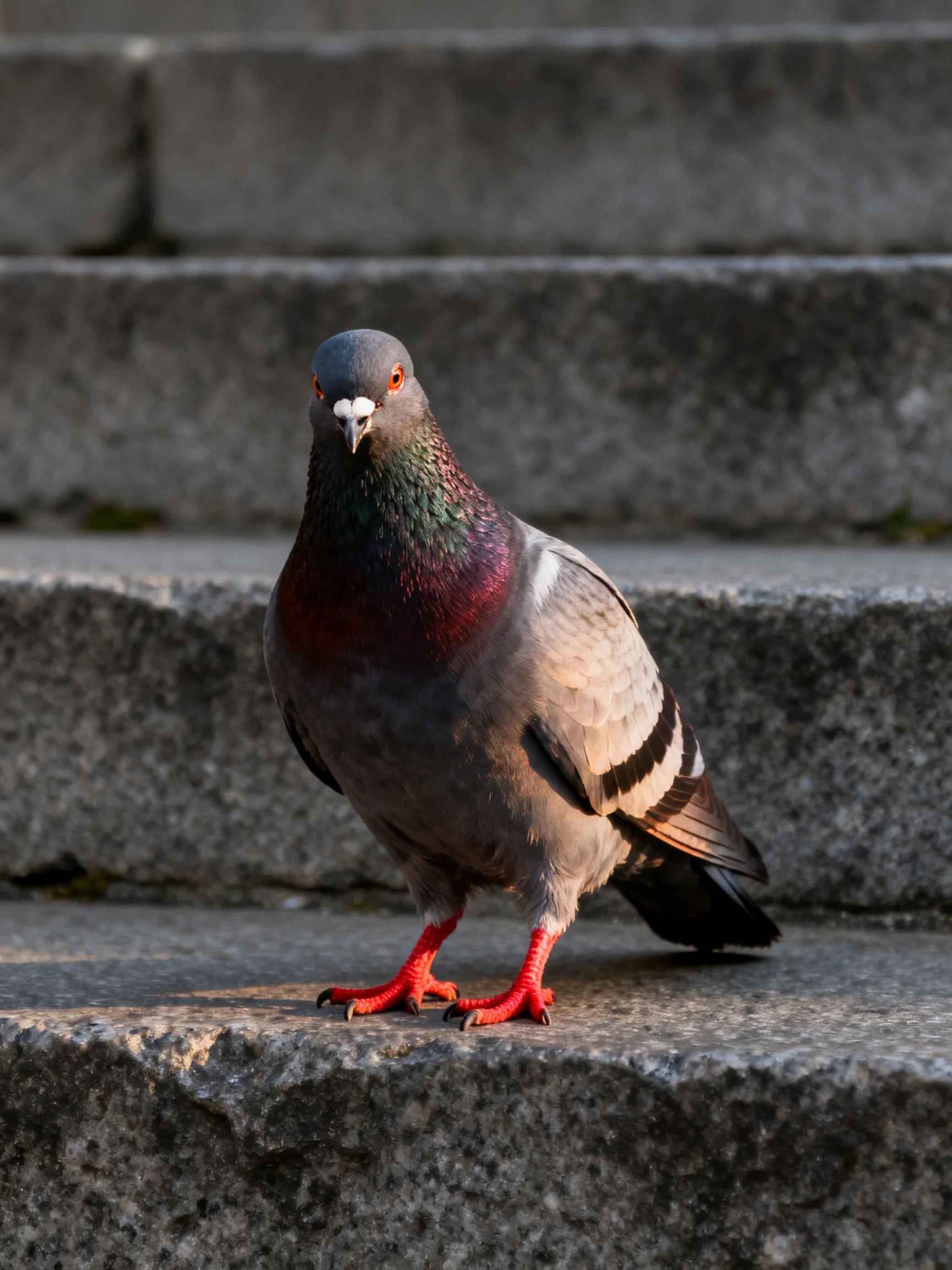 A pigeon with iridescent plumage standing on aged stone steps