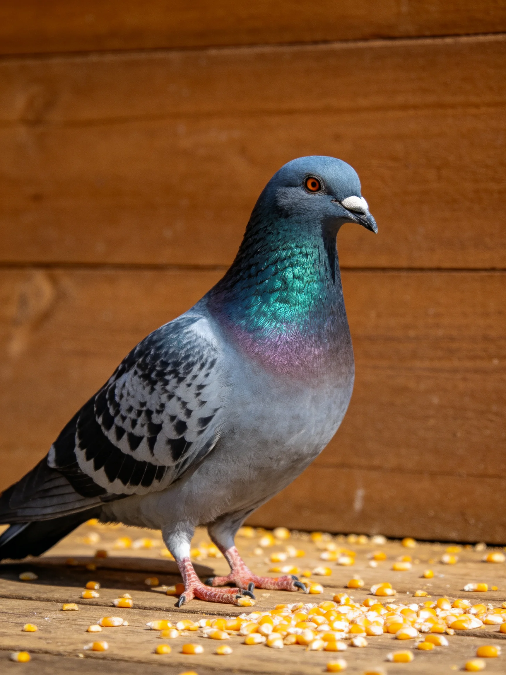 A pigeon with colorful plumage stands among scattered corn seeds near a wooden wall.