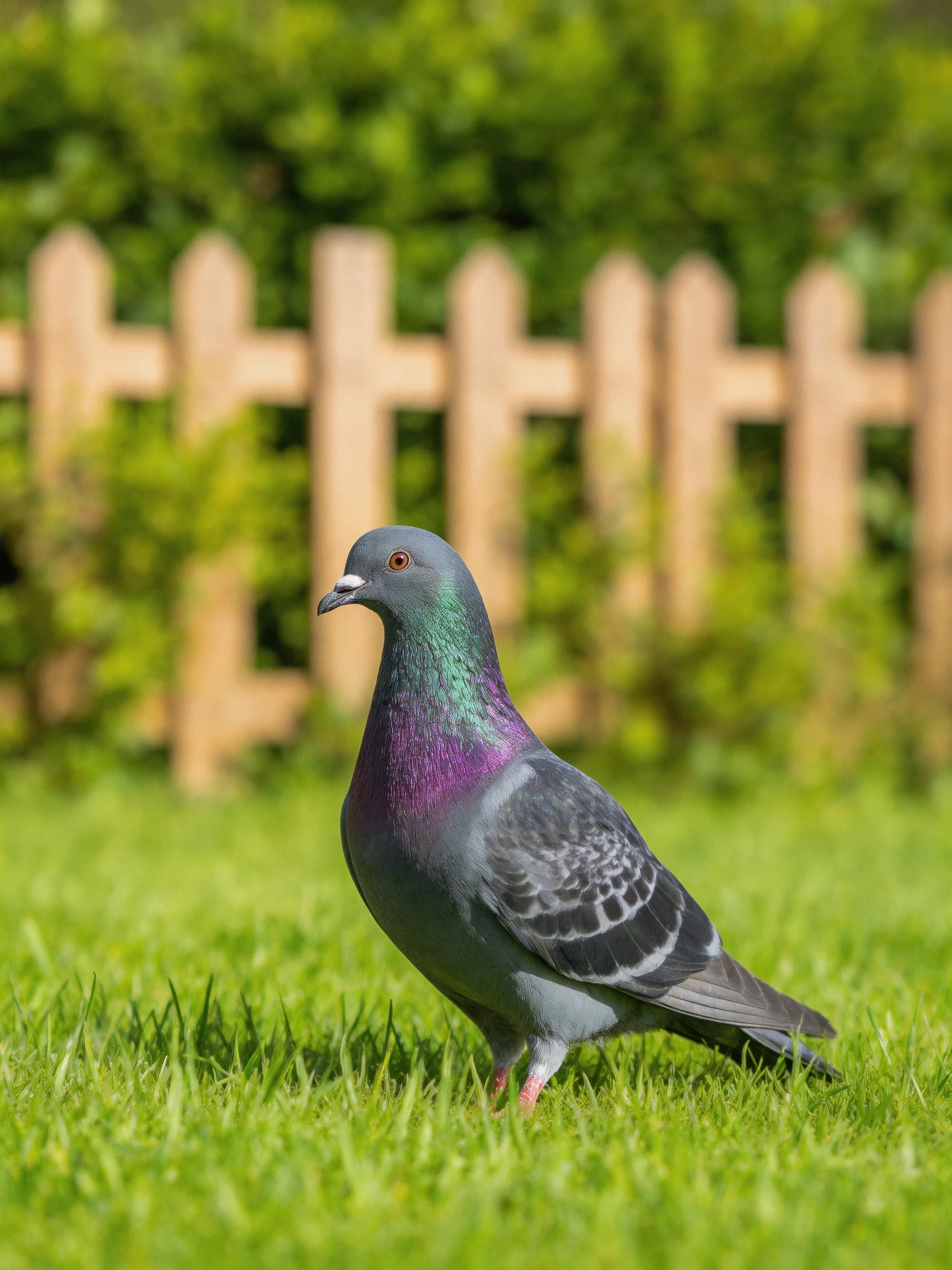 A pigeon with iridescent plumage stands on green grass near a wooden fence