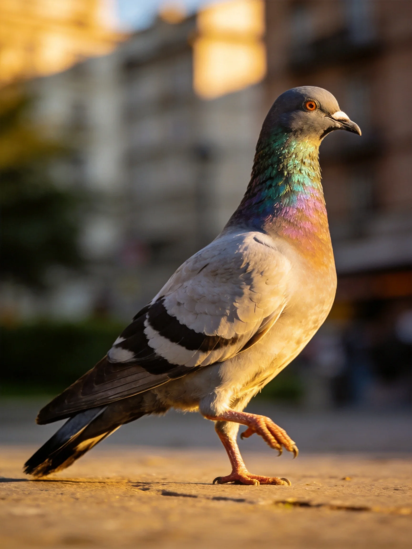 A pigeon with iridescent plumage walking near urban buildings