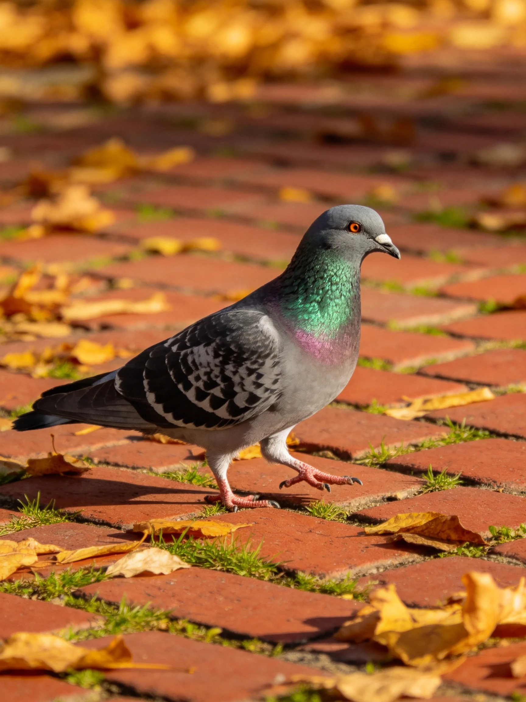 A pigeon walks on a brick path with fallen autumn leaves.