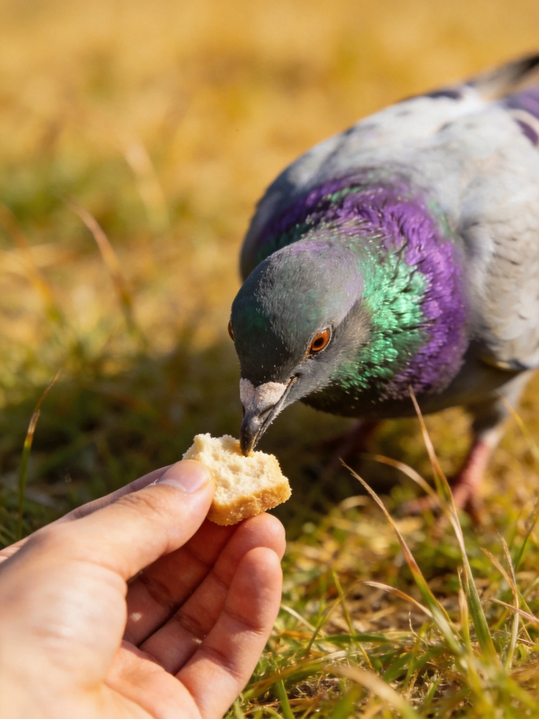 A pigeon with iridescent purple and green feathers eats bread from a human hand.