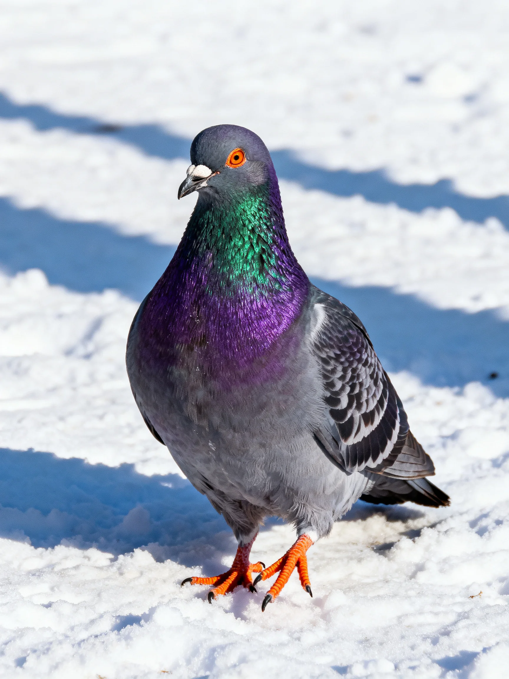 Iridescent pigeon with purple and green plumage stands on snow