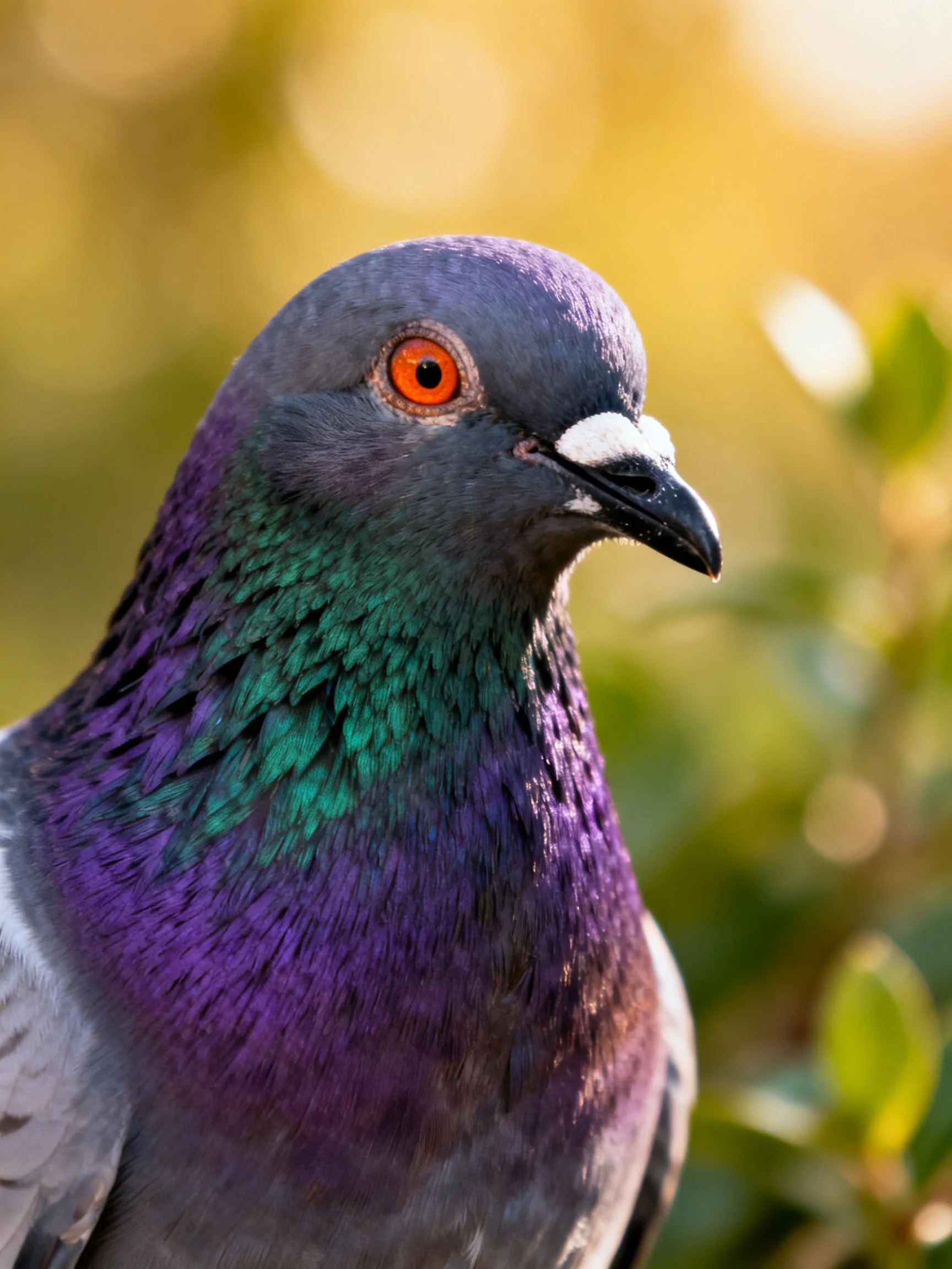 A pigeon with iridescent purple and teal feathers