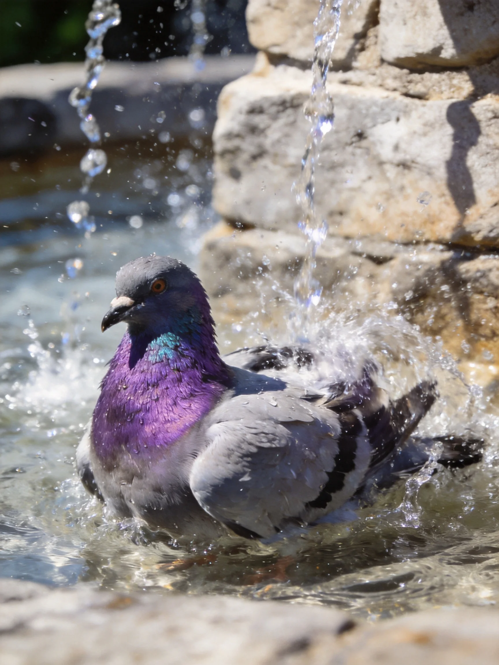 A pigeon bathes in a stone fountain with water splashing