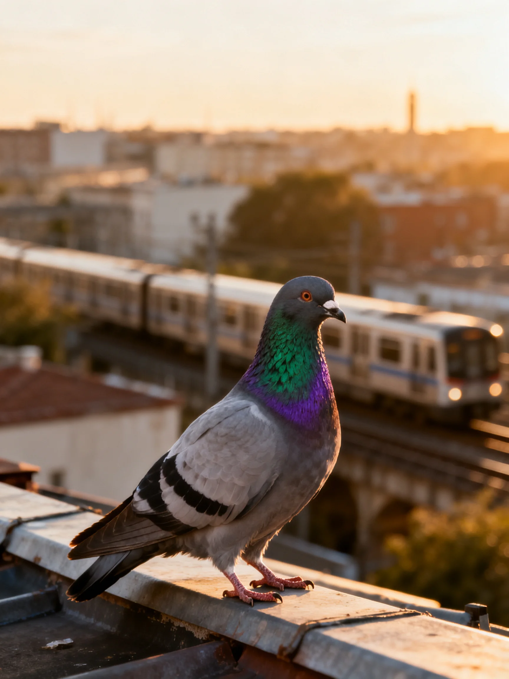 A pigeon with iridescent purple-green plumage perches on a rooftop ledge near an urban train at sunse