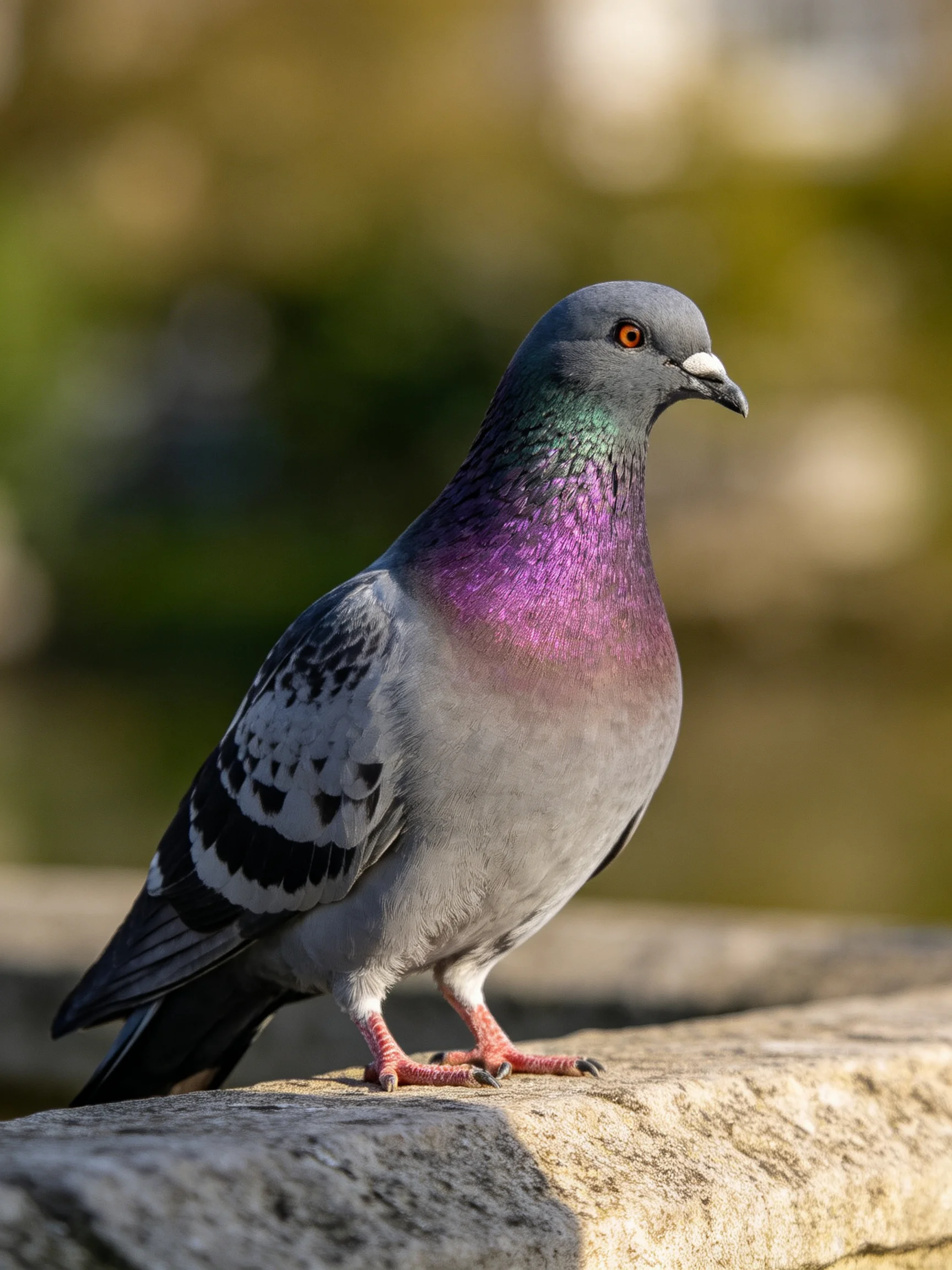 A pigeon with iridescent purple neck perched on a stone ledge