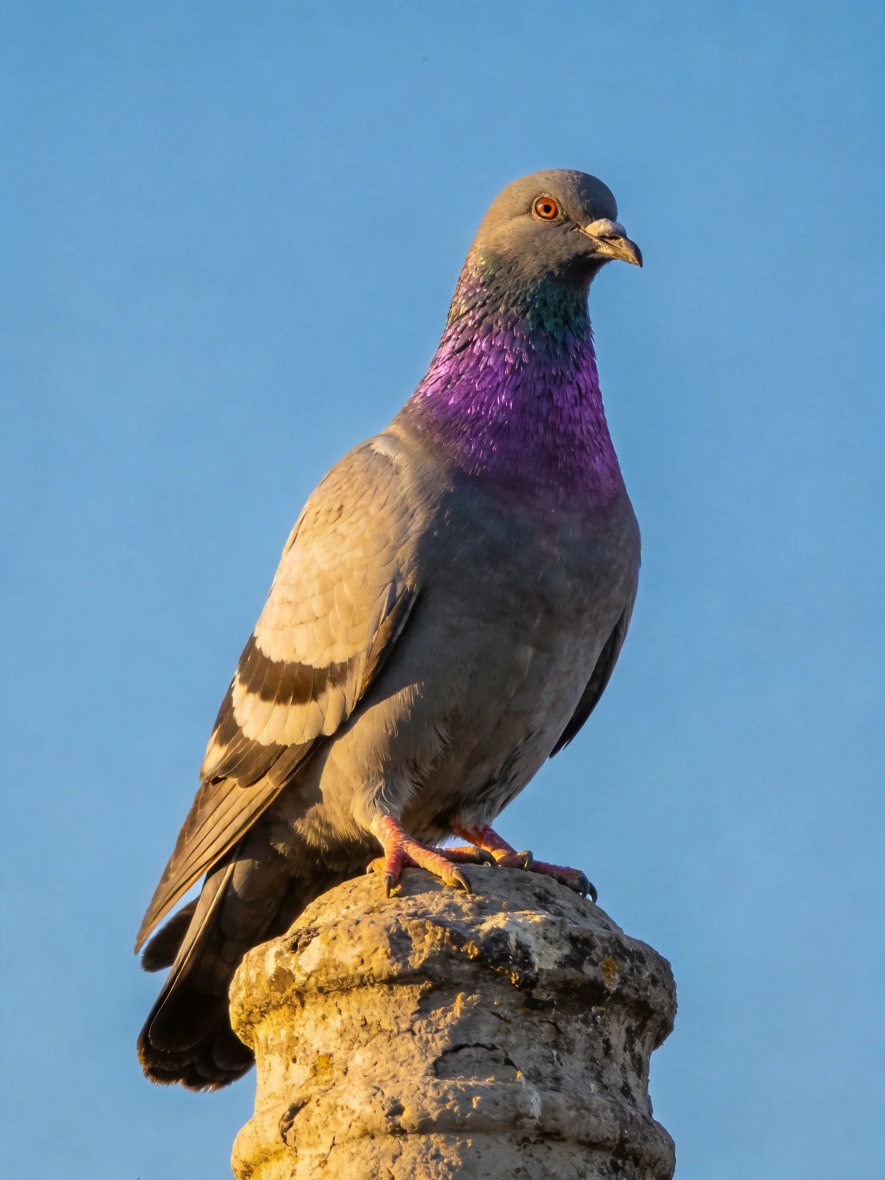 A pigeon with iridescent purple neck perched on a weathered stone post