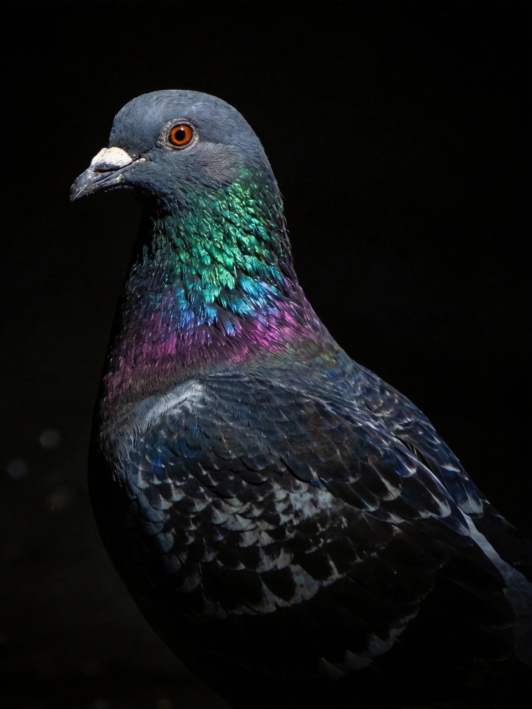 A pigeon with iridescent teal and purple plumage against a black backdrop