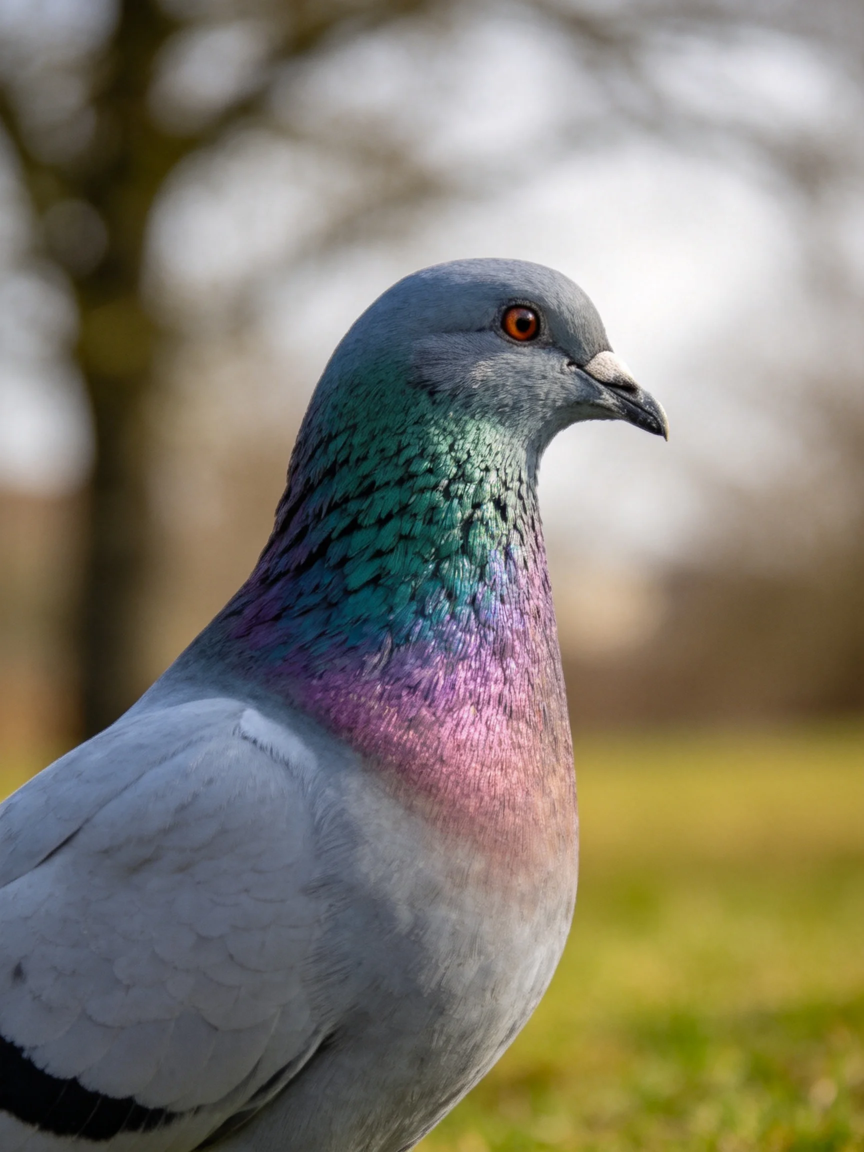 A pigeon with iridescent teal and violet neck feathers outdoors