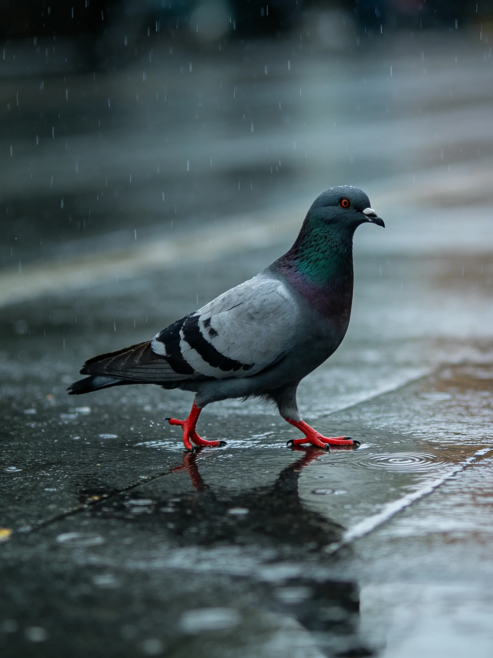 A pigeon with multicolored plumage walks on a rain-drenched pavement