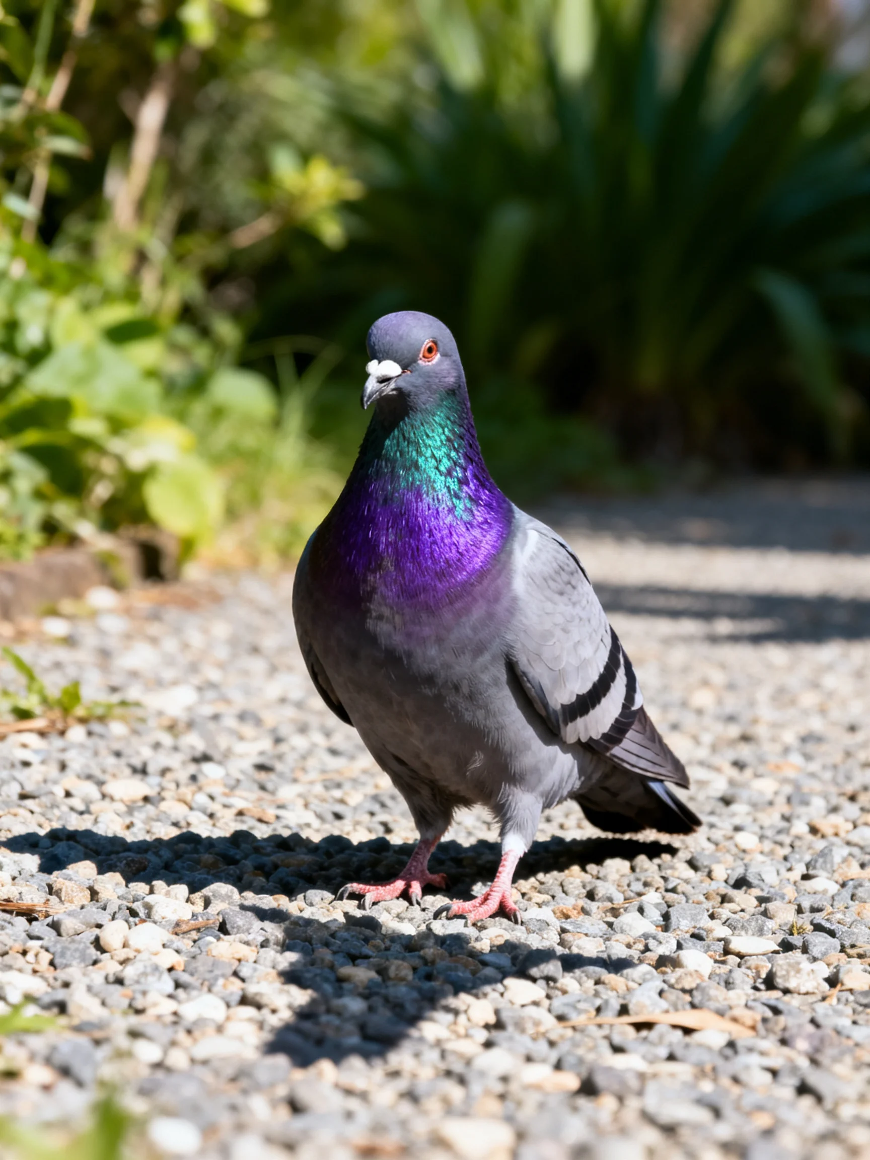 A pigeon with vibrant plumage stands on a sunlit gravel path among greenery.