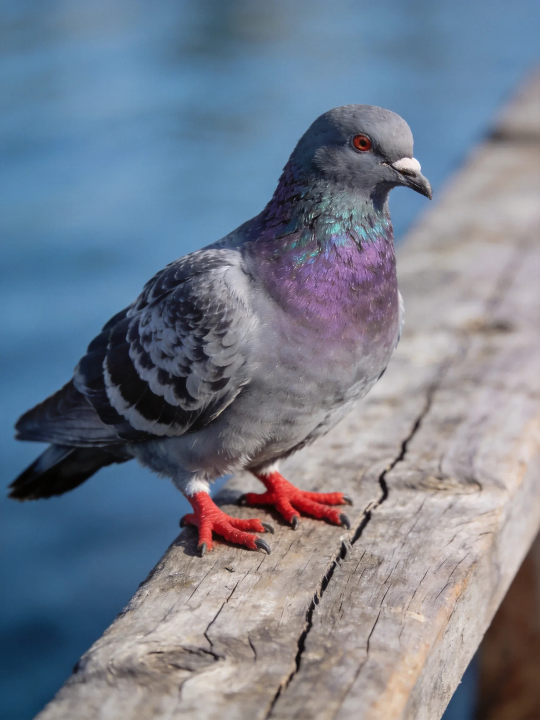 A pigeon with purple chest and red feet perches on an aged wooden beam