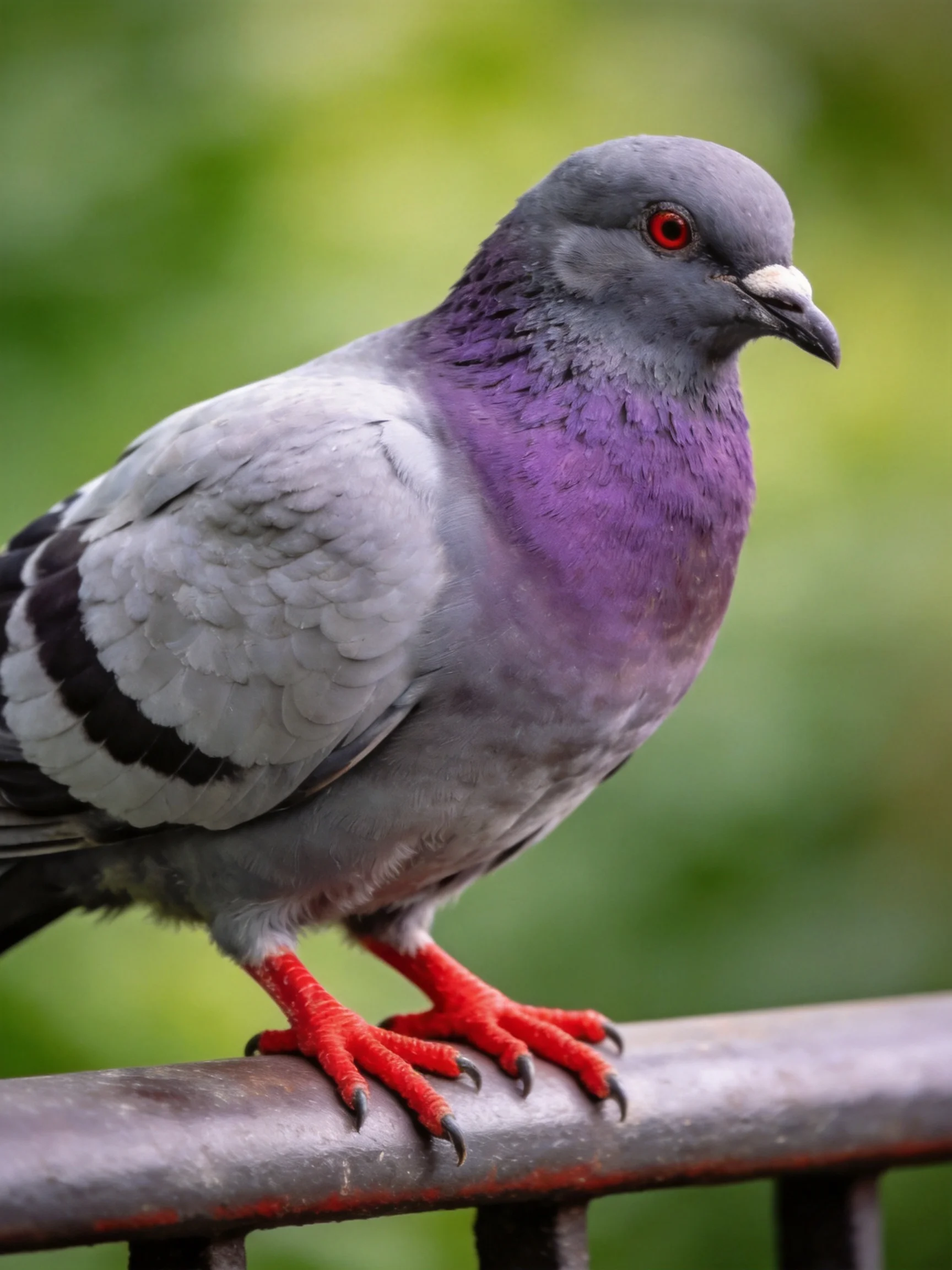 A pigeon with purple chest, red feet perched on metal