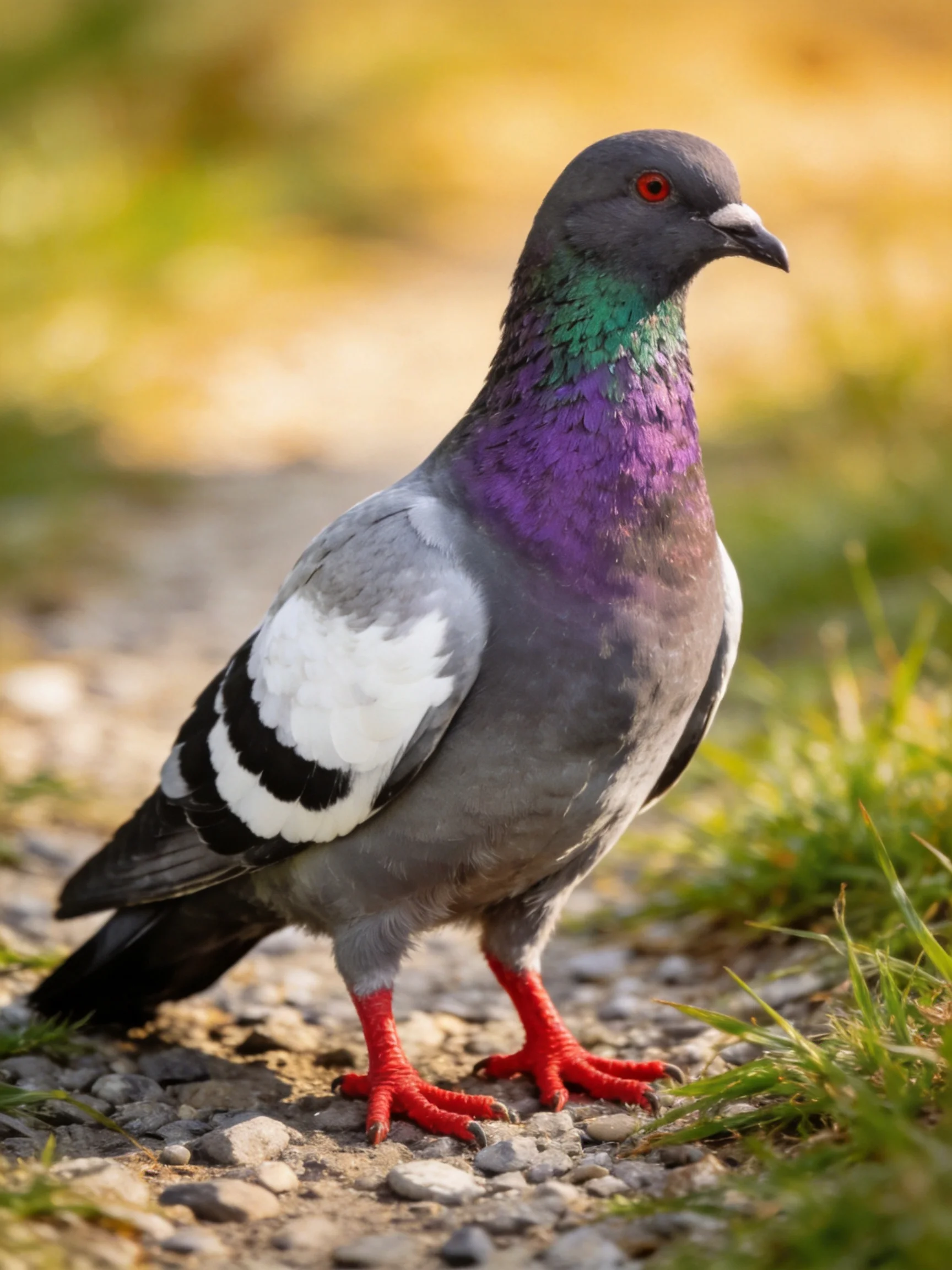 A pigeon with purple, green, gray, and white plumage on gravel