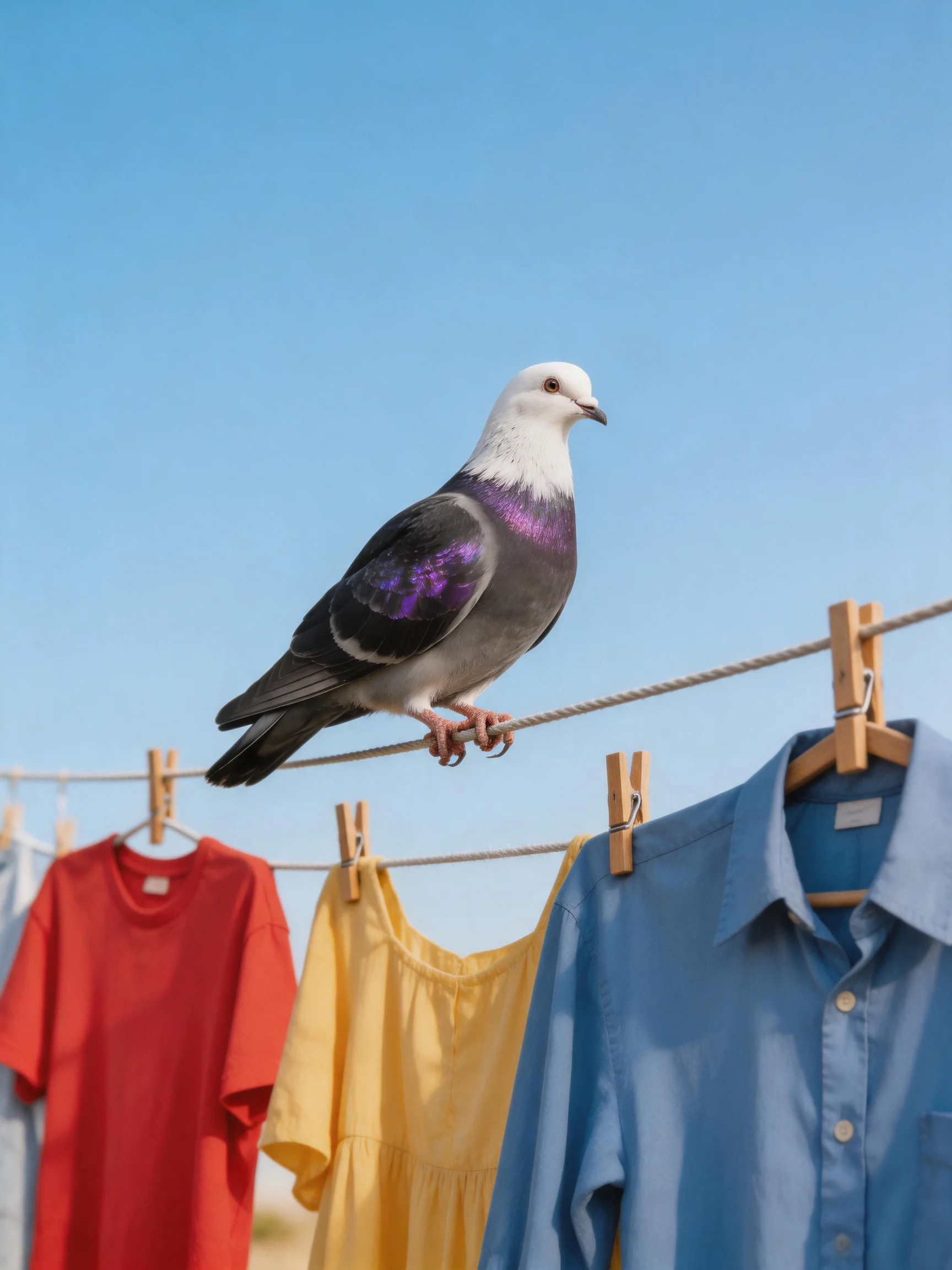 A pigeon with purple markings perches on a clothesline with red, yellow, blue garments