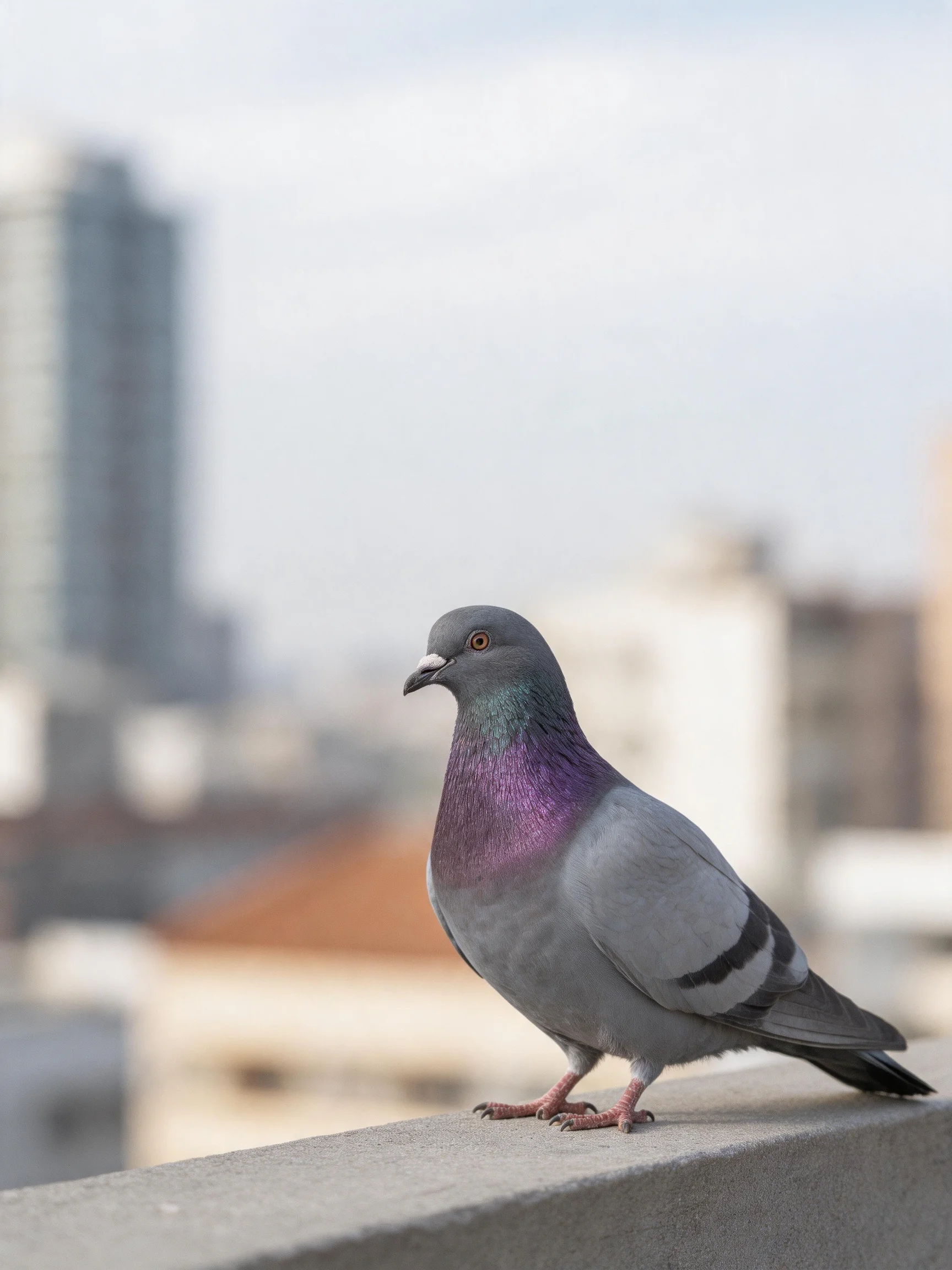 A pigeon with purple neck perched on a concrete ledge amid blurred city buildings