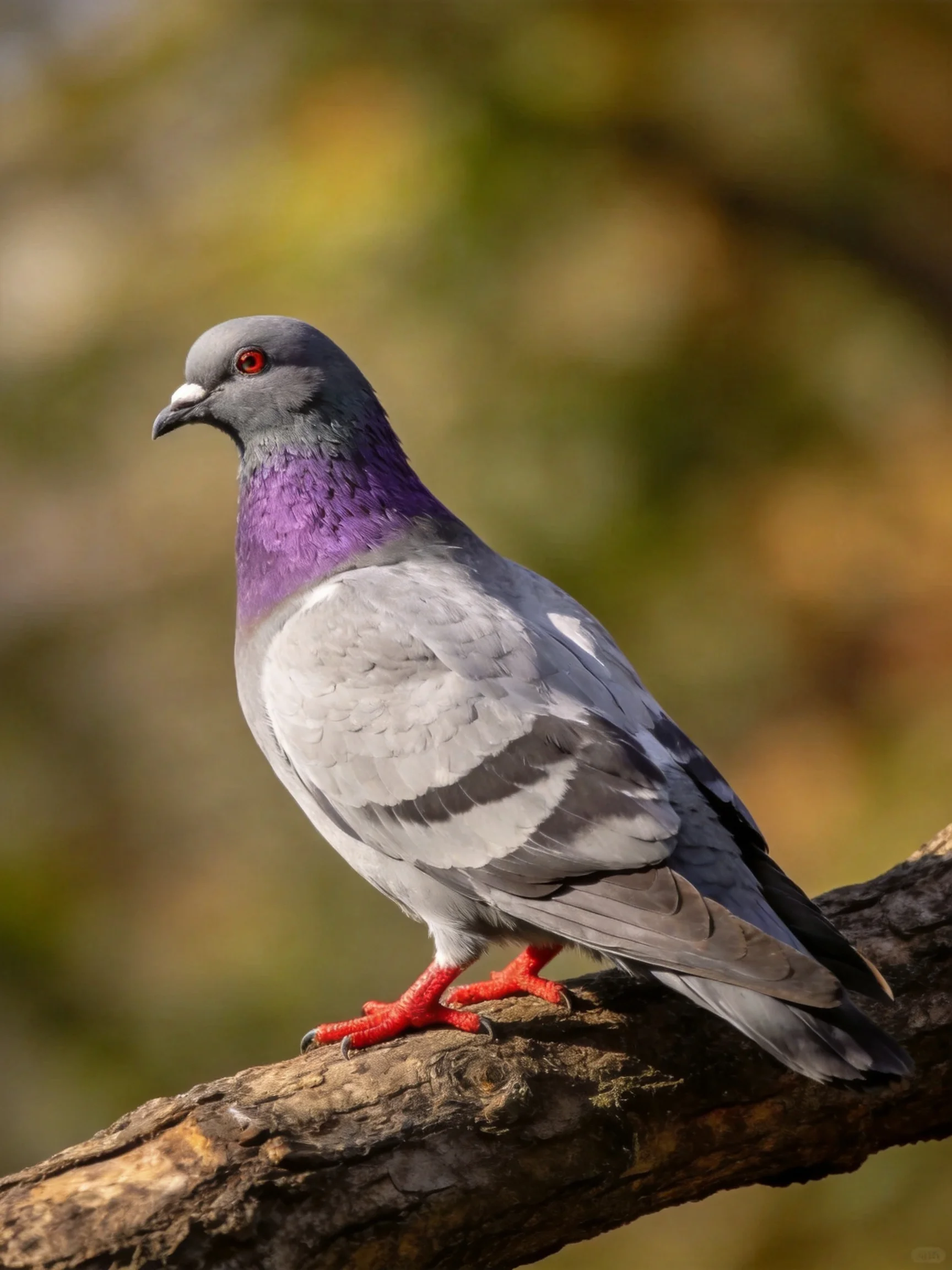 A pigeon with purple neck perched on a weathered tree branch