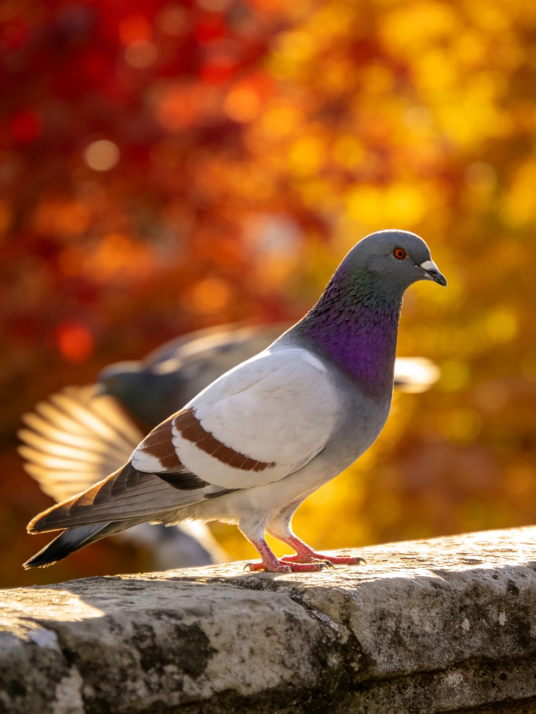 A pigeon with purple neck perches on a weathered stone ledge amid autumn foliage