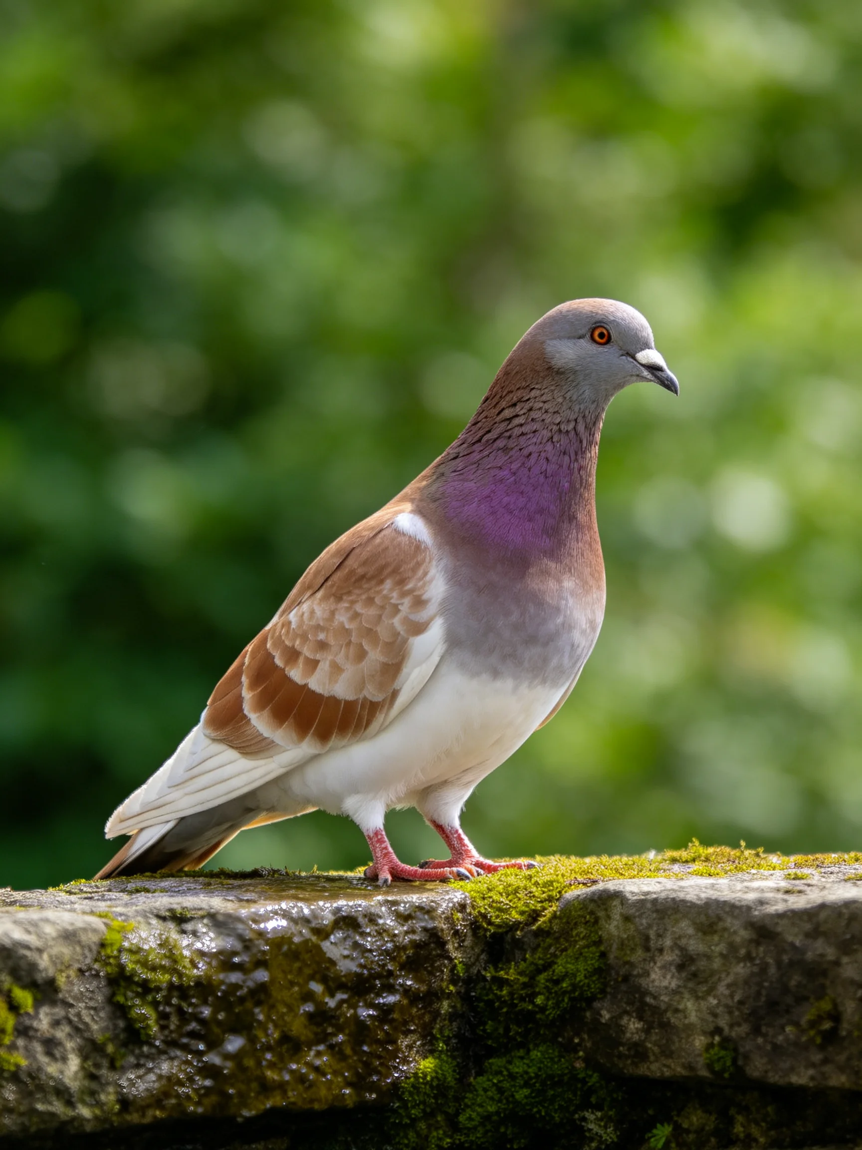 A pigeon with purple neck perches on mossy stone near green foliage