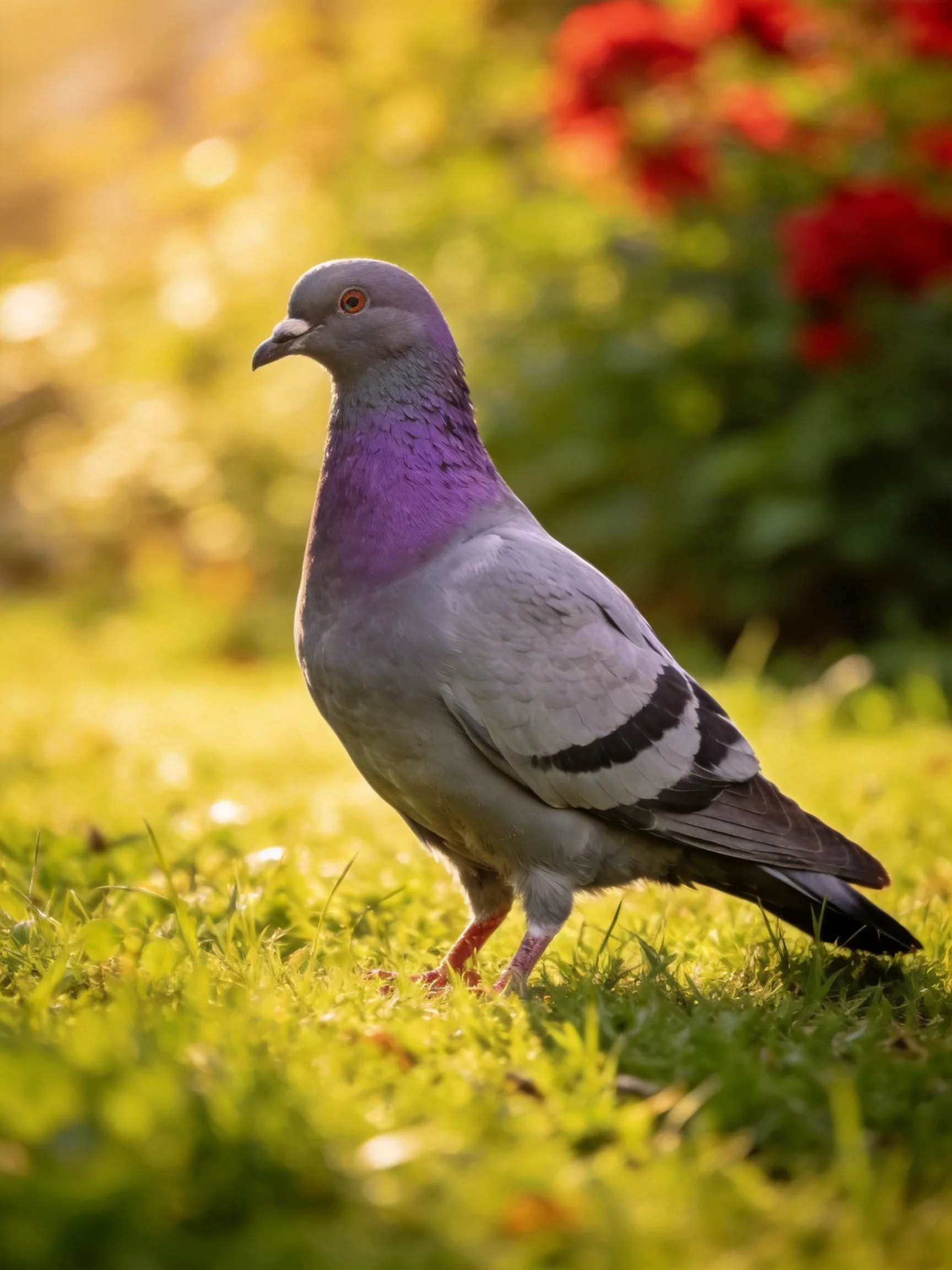 A pigeon with purple neck stands on green grass amid golden light and red flowers