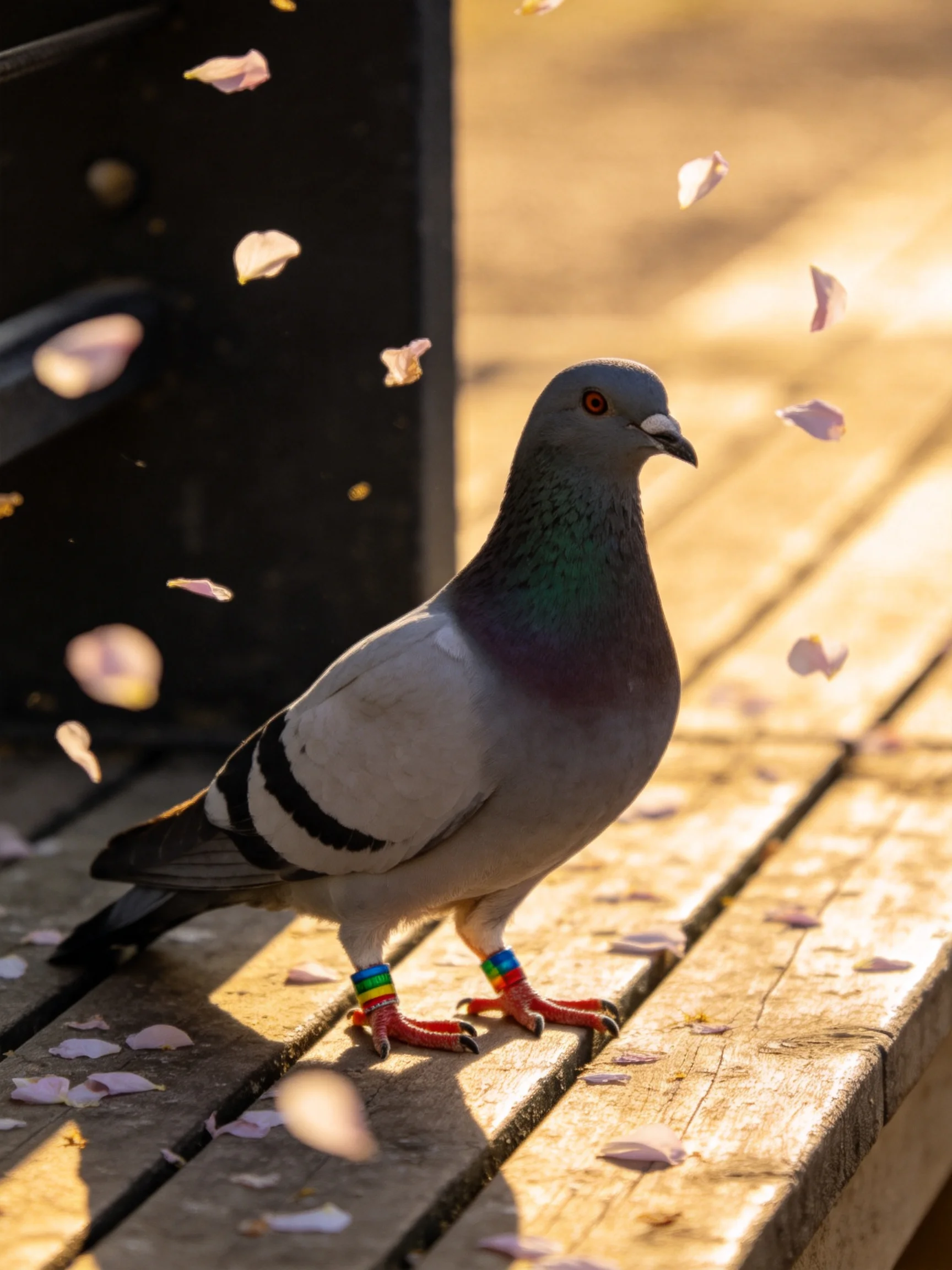 A pigeon with rainbow leg bands perches on a wooden bench amid falling flower petals