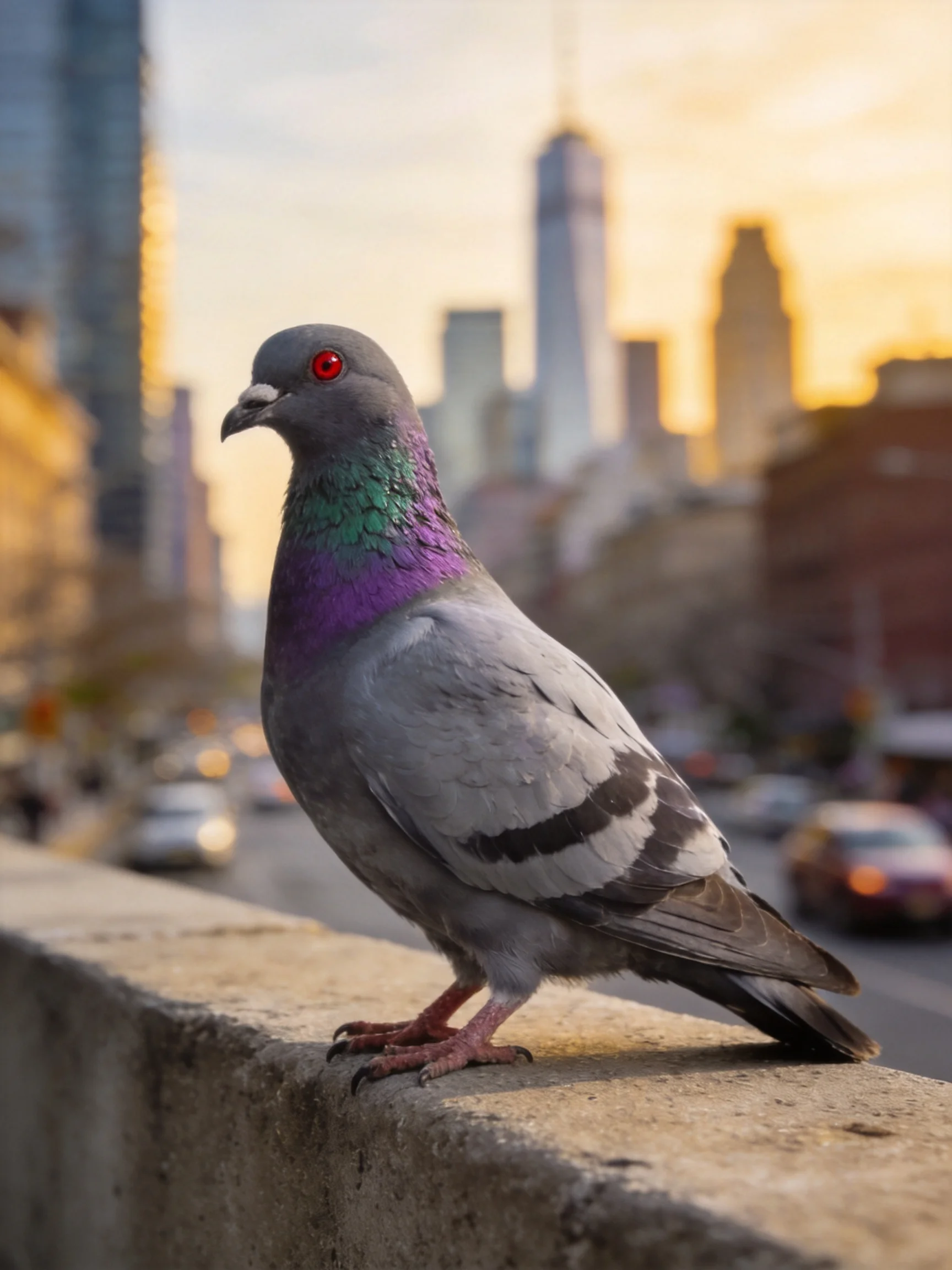 A pigeon with red eyes and iridescent plumage perches on a concrete ledge near a city street