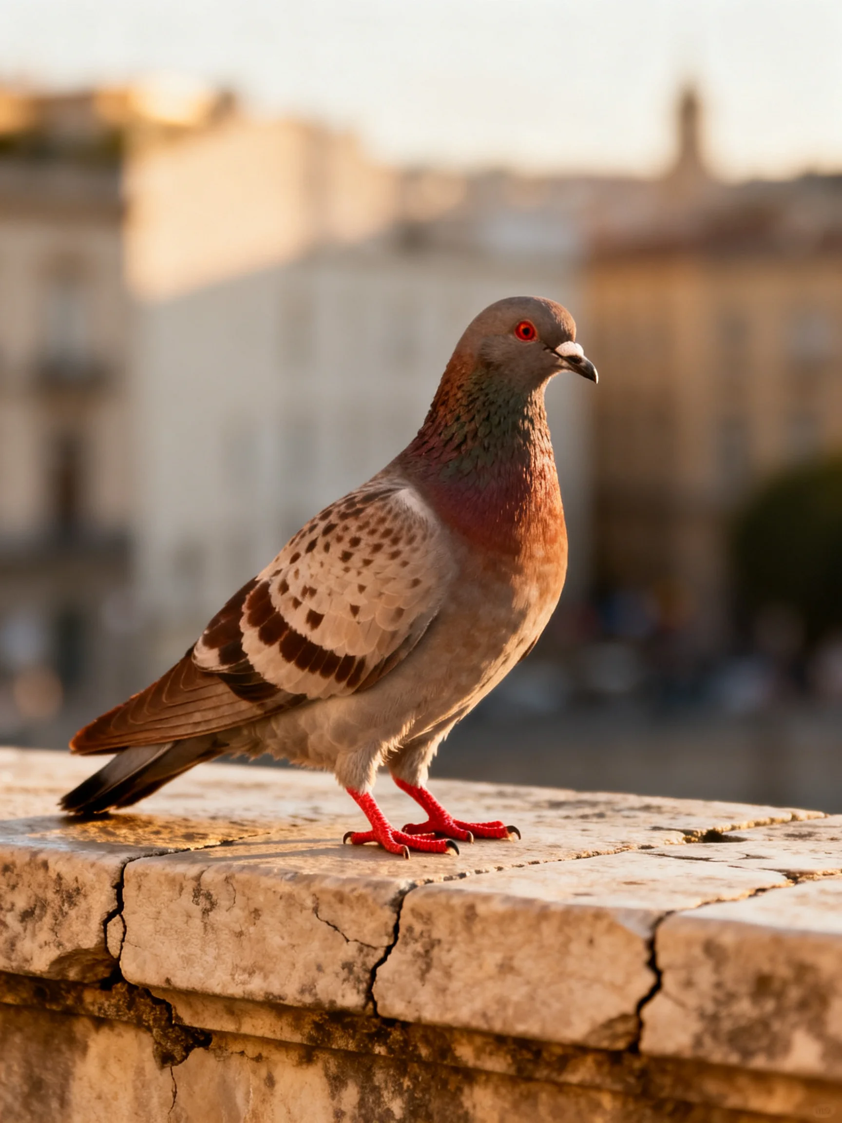 A pigeon with red feet perched on a weathered stone ledge