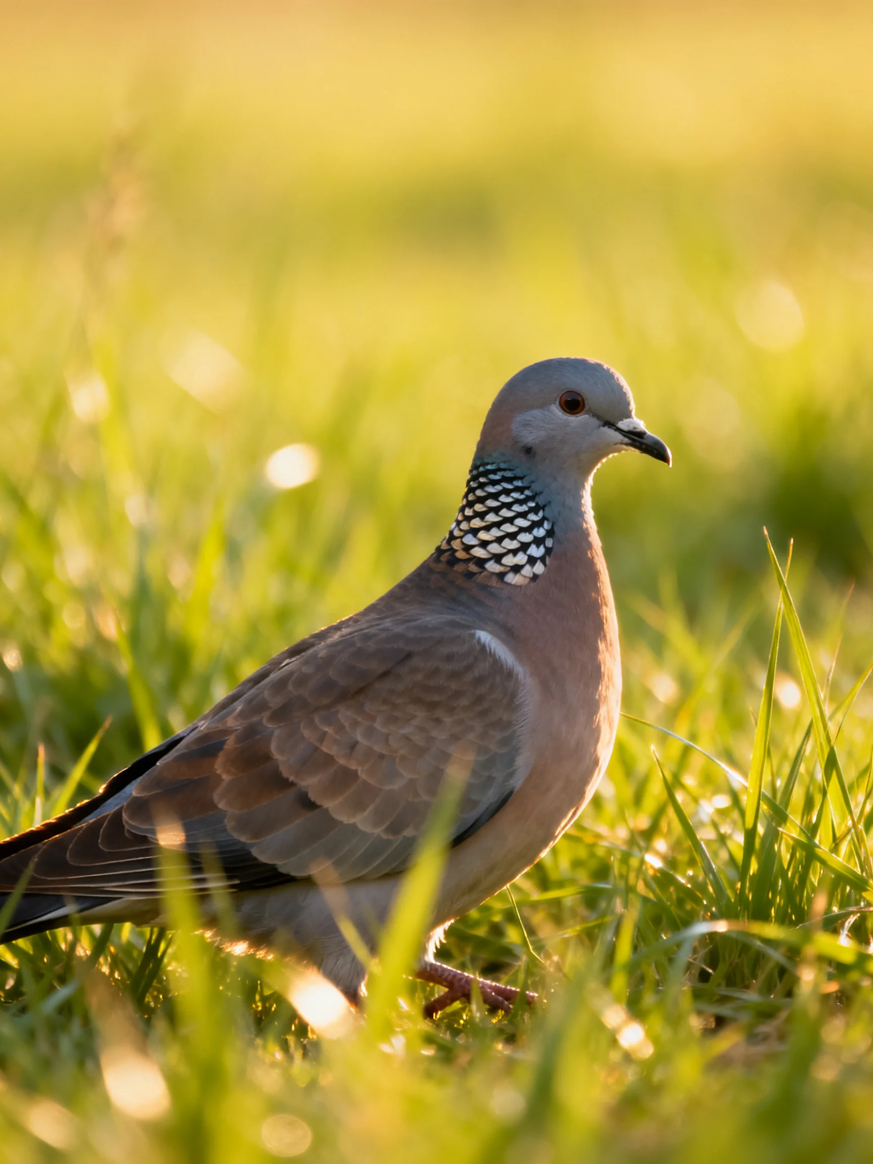 A pigeon with spotted neck in sunlit grassy field