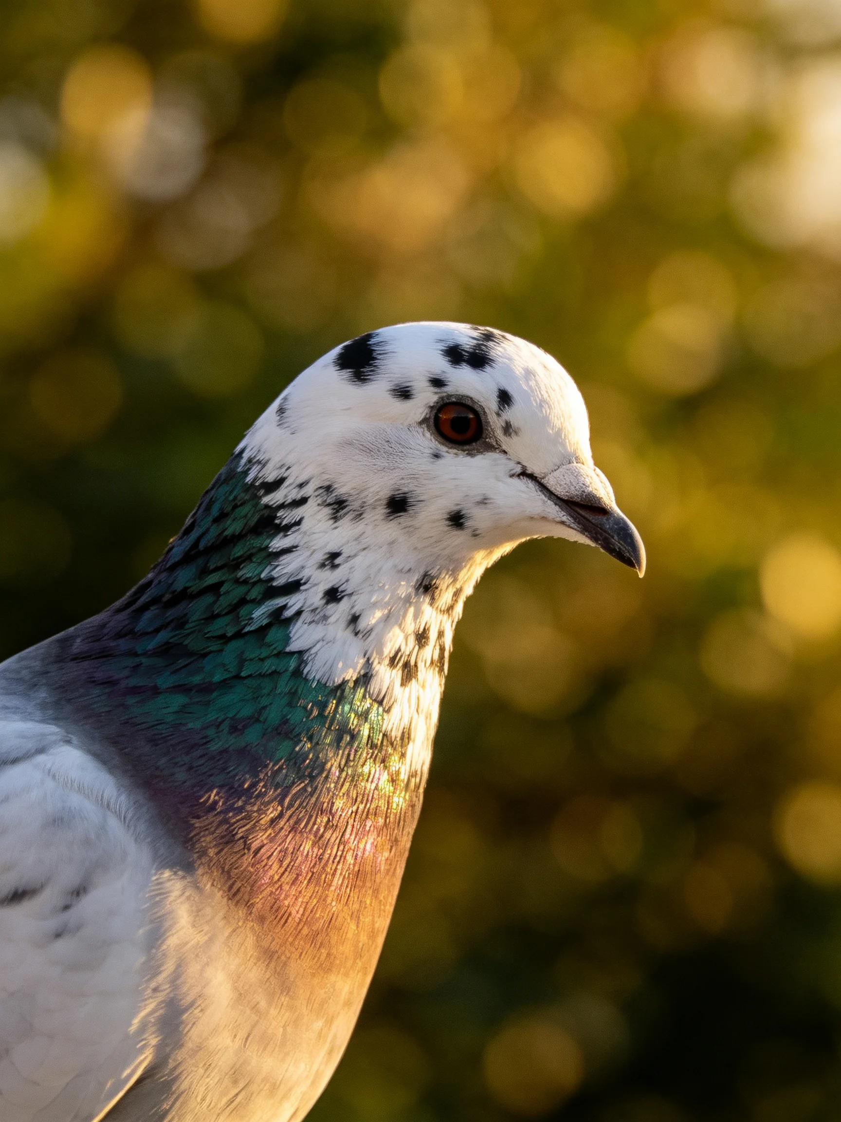 A close - up of a pigeon displaying its spotted head and colorful neck feathers.