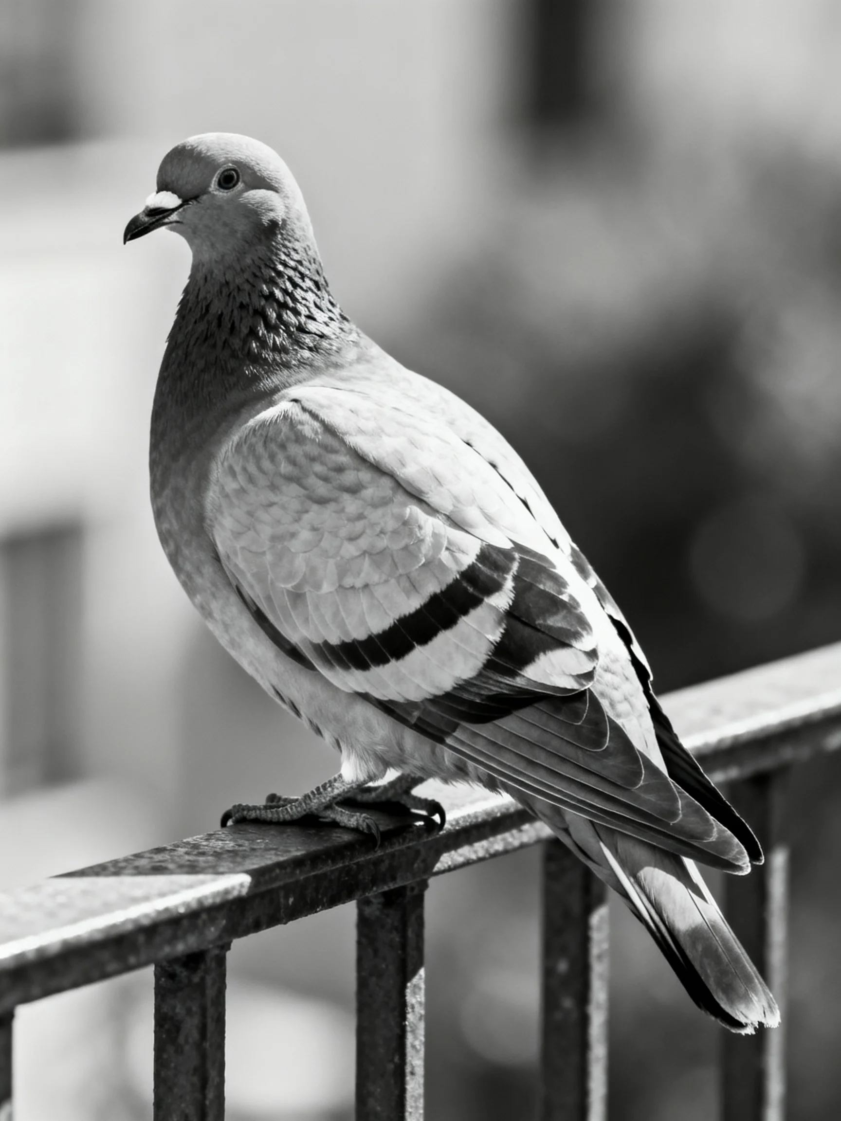 A pigeon with striped wings perches on metal railings