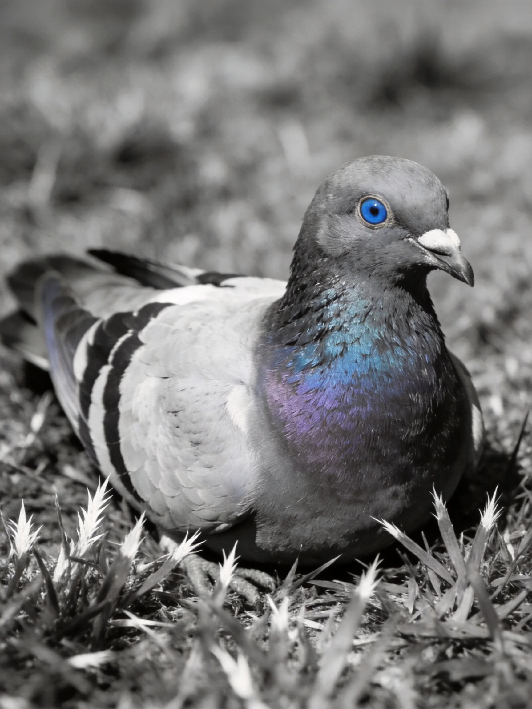 A pigeon with vibrant blue eye resting on textured grass