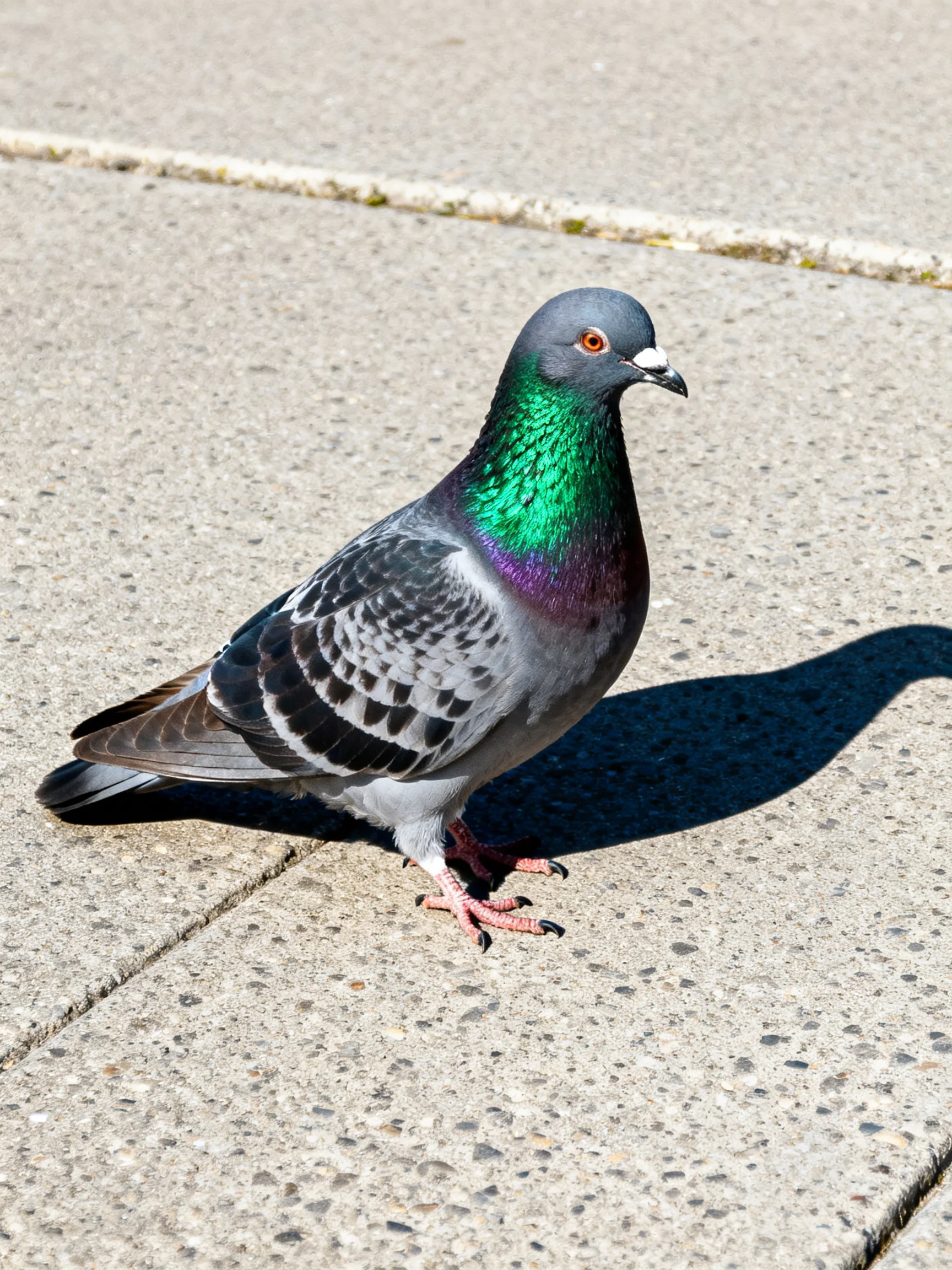 A pigeon with colorful plumage stands on a concrete pavement.