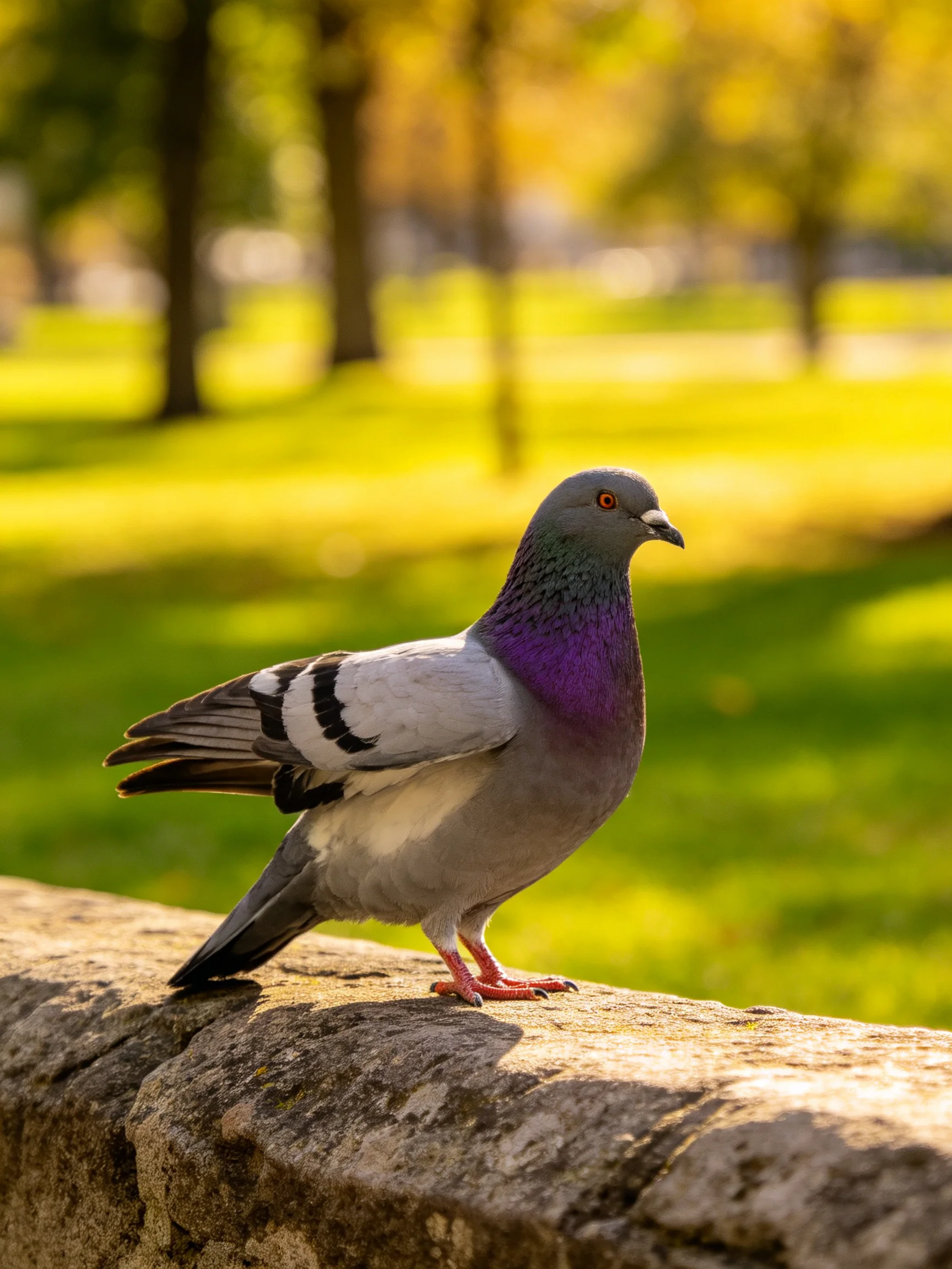 A pigeon with vibrant plumage perches on a weathered stone ledge amid a sunlit park.
