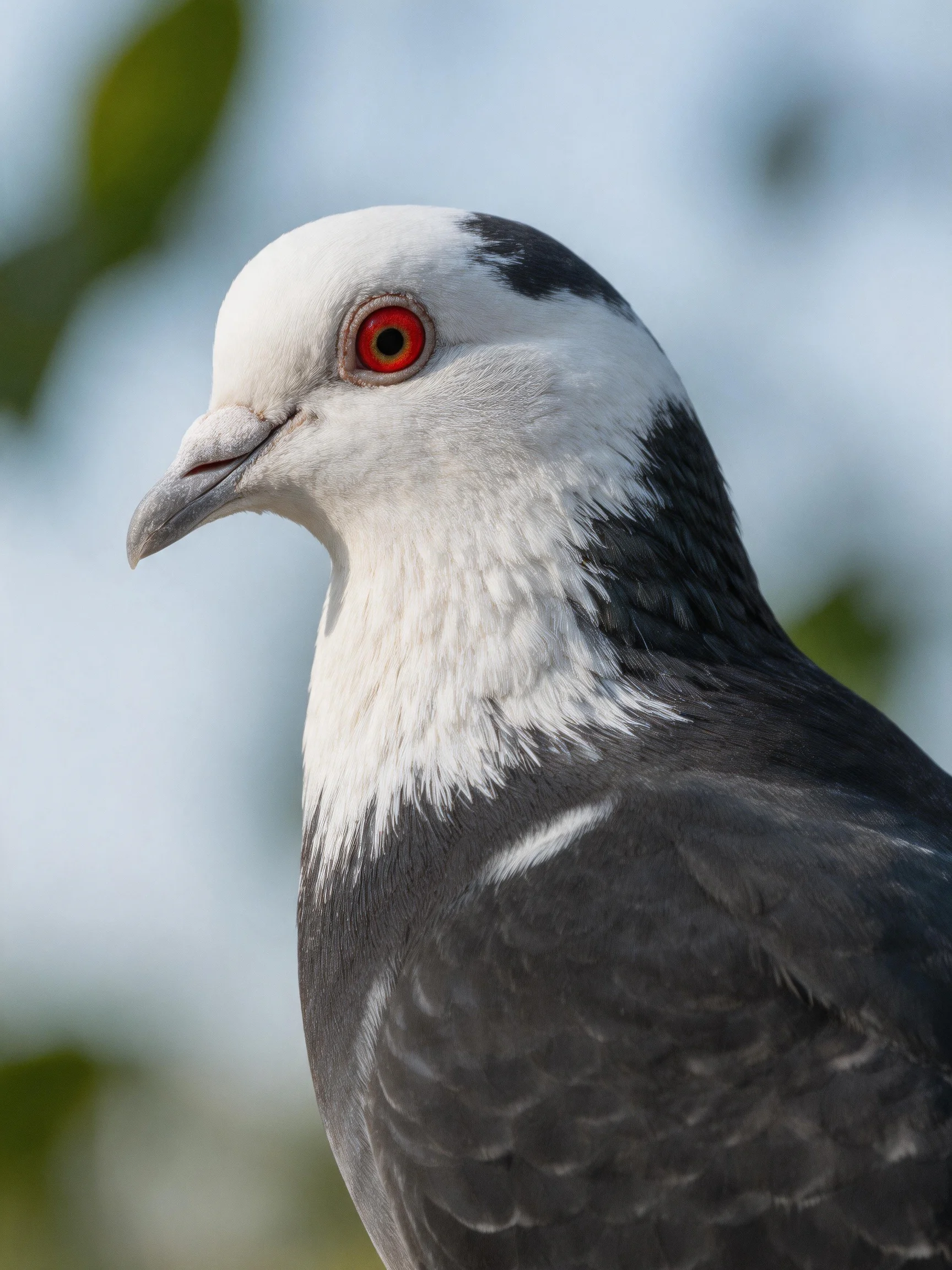 A close - up view of a pigeon with a white head and dark feathers.