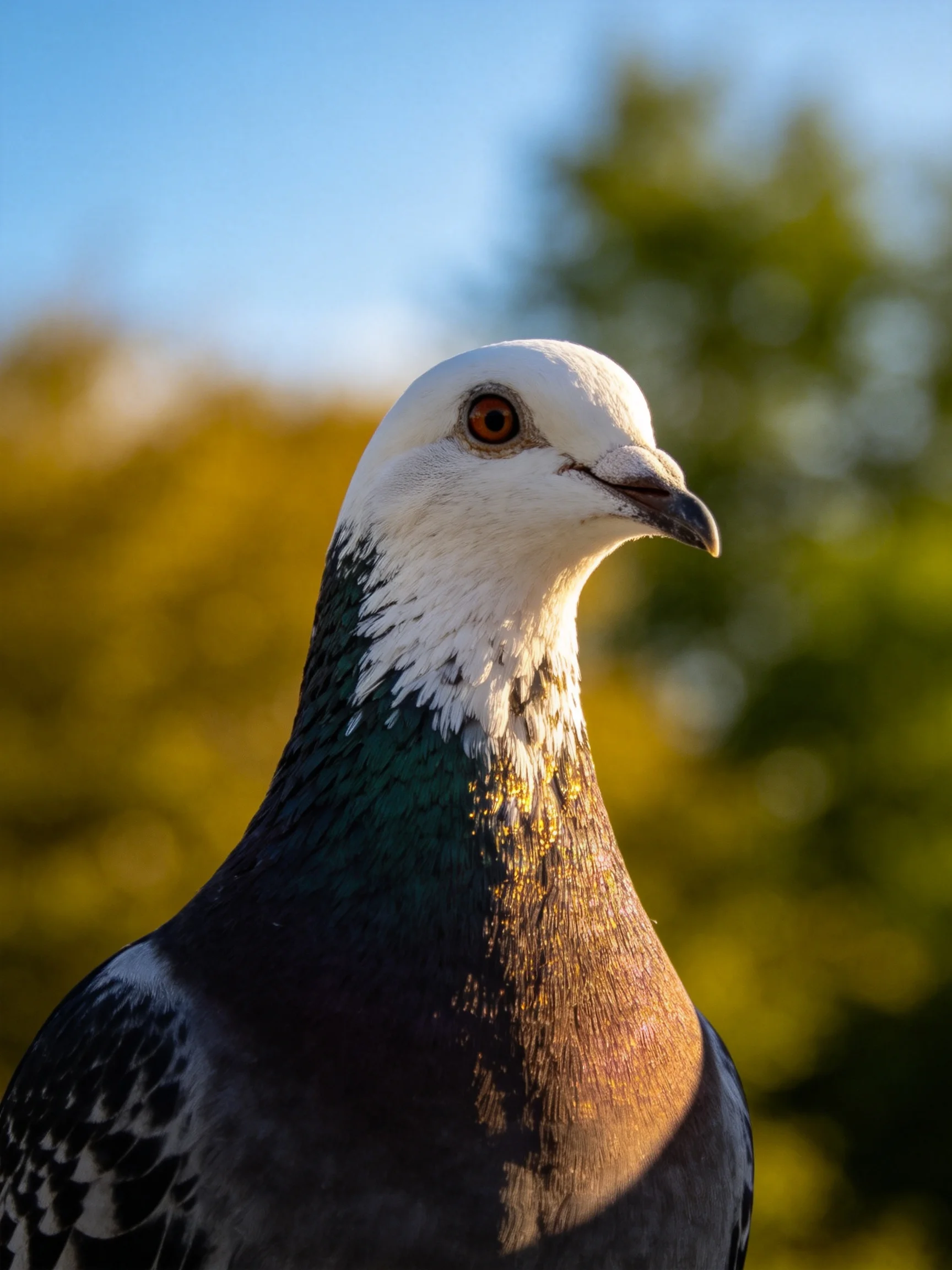 A close - up of a pigeon with distinct color patterns in an outdoor setting.